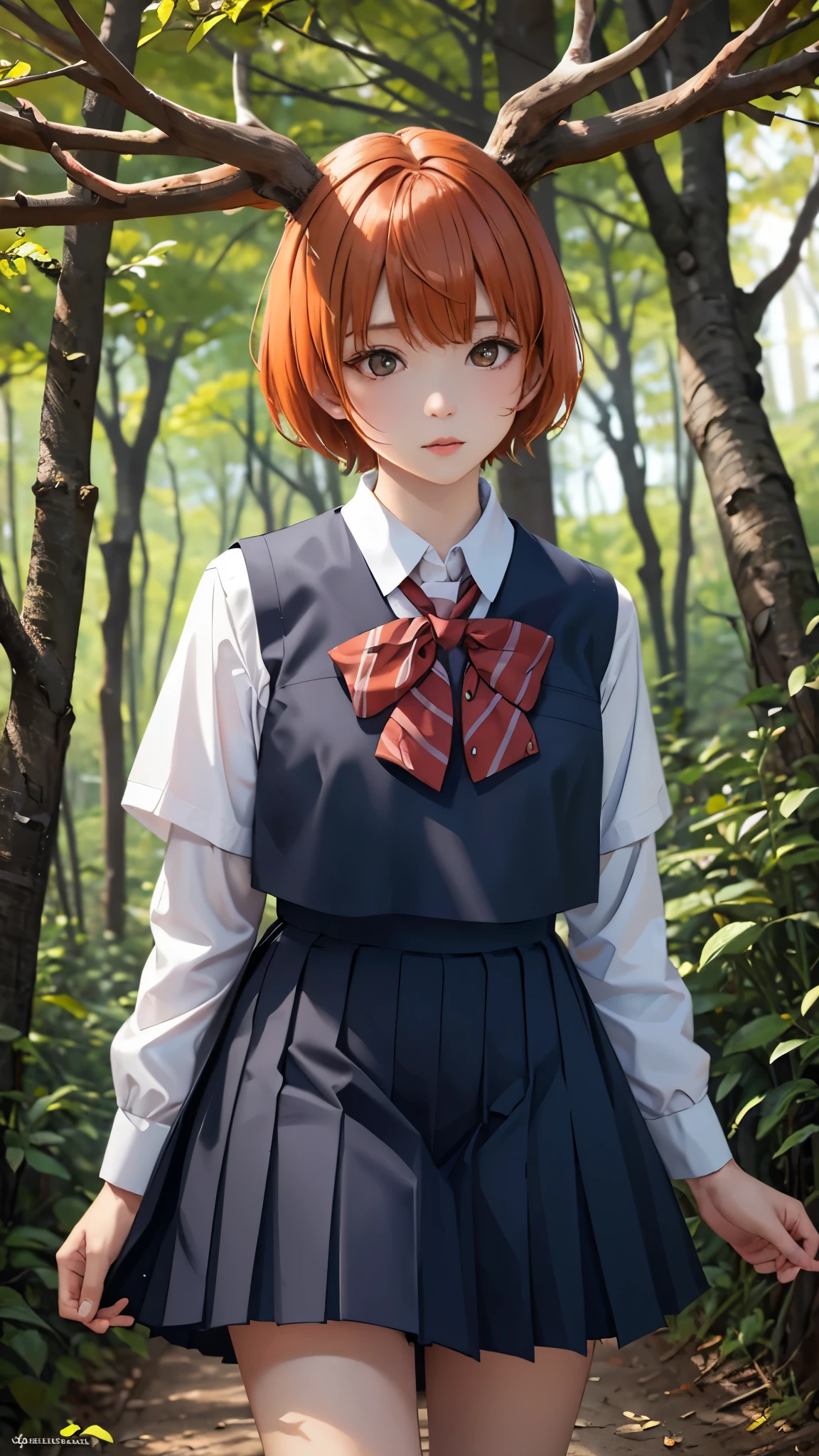 uniform、high school girl、Short Hair、Orange Hair、Deer antlers grow、In a dark and mysterious forest、Shooting with a wide-angle lens、Dynamic pose、Masterpiece、Highest quality。