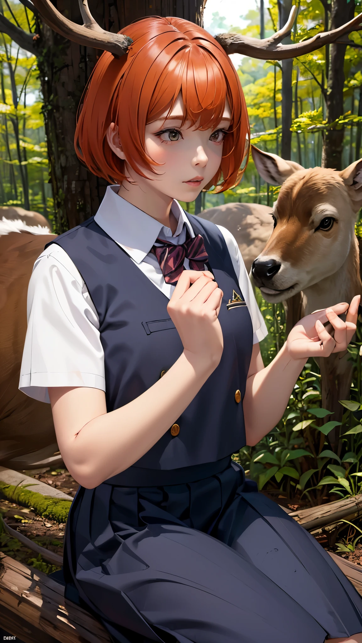 uniform、high school girl、Short Hair、Orange Hair、Deer antlers grow、In a dark and mysterious forest、Shooting with a wide-angle lens、Dynamic pose、Masterpiece、Highest quality。