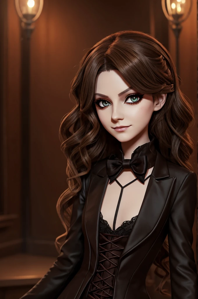 Make a picture of the character "Alastor" from the Hazbin Hotel series. In love with a girl with wavy brown hair, light brown eyes.