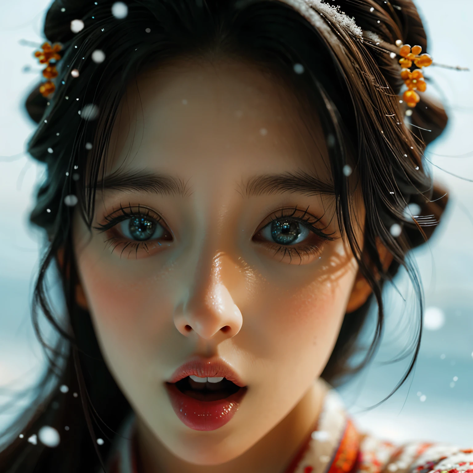ExtremelyDetailed Kawaii girl Face (Close-up of KissableTongue)((Kissing to Camera)) glossy lips with beautiful details, Detailed Hair Flow Delicate Clothing Textures, extremely delicate and beautiful (TopQuality Masterpiece of 8K Ultra-detailed(ProfessionalPhoto:1.37)), {Amazing|finely detail|official art|incredibly absurdres} (close-up:1.22), fish eye lens (wide lens) macro lens, Detailed reflective Eyes with (sparkling highlights:1.28) Detailed(Voluminous LongEyelashes:0.88), {from Above|Visible back of throat|String of saliva drip}, (Off shoulder:1.22), (Snow on tongue:1.28) snow particles