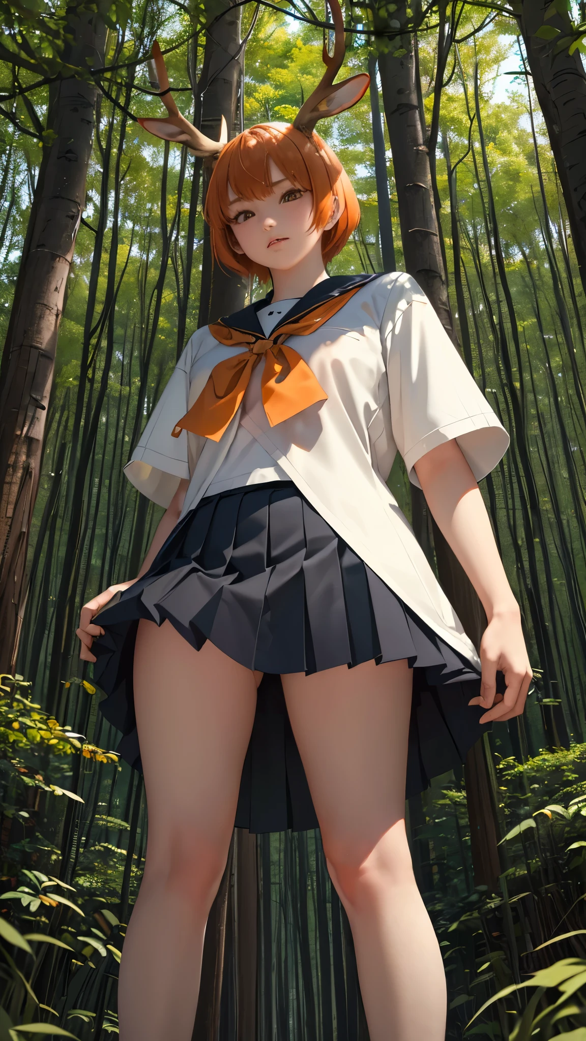 uniform、high school girl、Short Hair、Orange Hair、Deer antlers grow、In a dark and mysterious forest、Shooting with a wide-angle lens、Dynamic pose、Fawn standing next to me、Masterpiece、Highest quality。