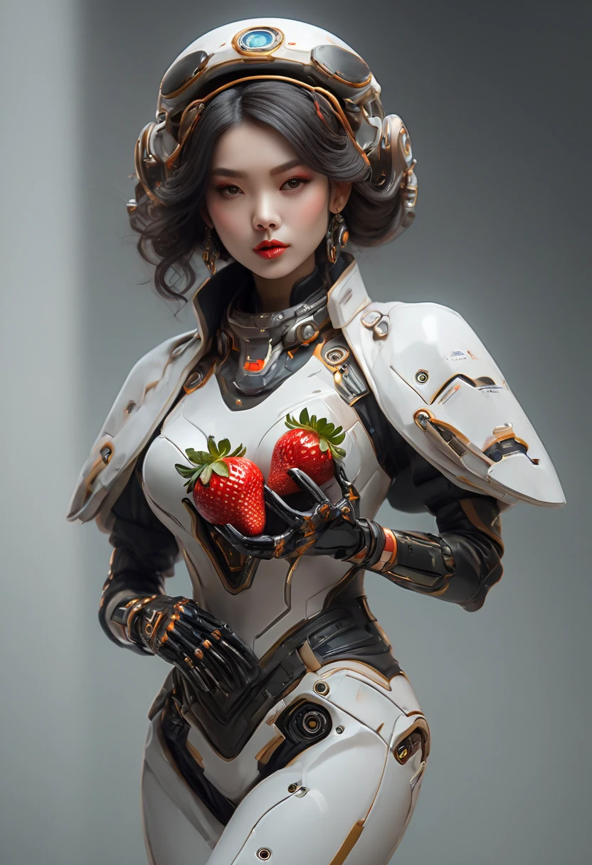 a portrait of an exotic, elegant beautiful mecha woman eating an epic, (legendary strawberry: 1.3) in cocktail party , ((full body: 1.5)), ((anatomically correct: 1.5)), (ultra detailed face: 1.2), dynamic eye color, glowing eyes, dynamic hair color, dynamic hair style dynamic skin complexion, wearing 1960's glamour intricate dress, high. fashion dress, dynamic color dress , wearing high heels, cocktail party background, vibrant, Ultra-high resolution, High Contrast, (masterpiece:1.5), highest quality, Best aesthetics), best details, best quality, highres, 16k, (ultra detailed: 1.5), masterpiece, best quality, (extremely detailed) RAW, (ultra details, Masterpiece, best quality), Hyperrealism style, MechanicusStyleAI,