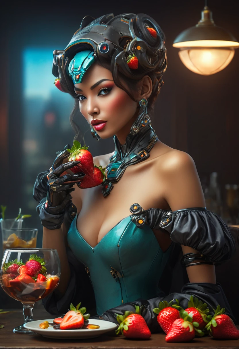 a portrait of  an exotic, elegant beautiful mecha woman eating an epic, (legendary strawberry: 1.3) in cocktail party , ((full body: 1.5)), ((anatomically correct: 1.5)), (ultra detailed face: 1.2), dynamic eye color, glowing eyes, dynamic hair color, dynamic hair style dynamic skin complexion, wearing 1960's glamour intricate dress, high. fashion dress, dynamic color dress , wearing high heels, cocktail party background, vibrant, Ultra-high resolution, High Contrast, (masterpiece:1.5), highest quality, Best aesthetics), best details, best quality, highres, 16k, (ultra detailed: 1.5), masterpiece, best quality, (extremely detailed) RAW, (ultra details, Masterpiece, best quality), Hyperrealism style, MechanicusStyleAI, 