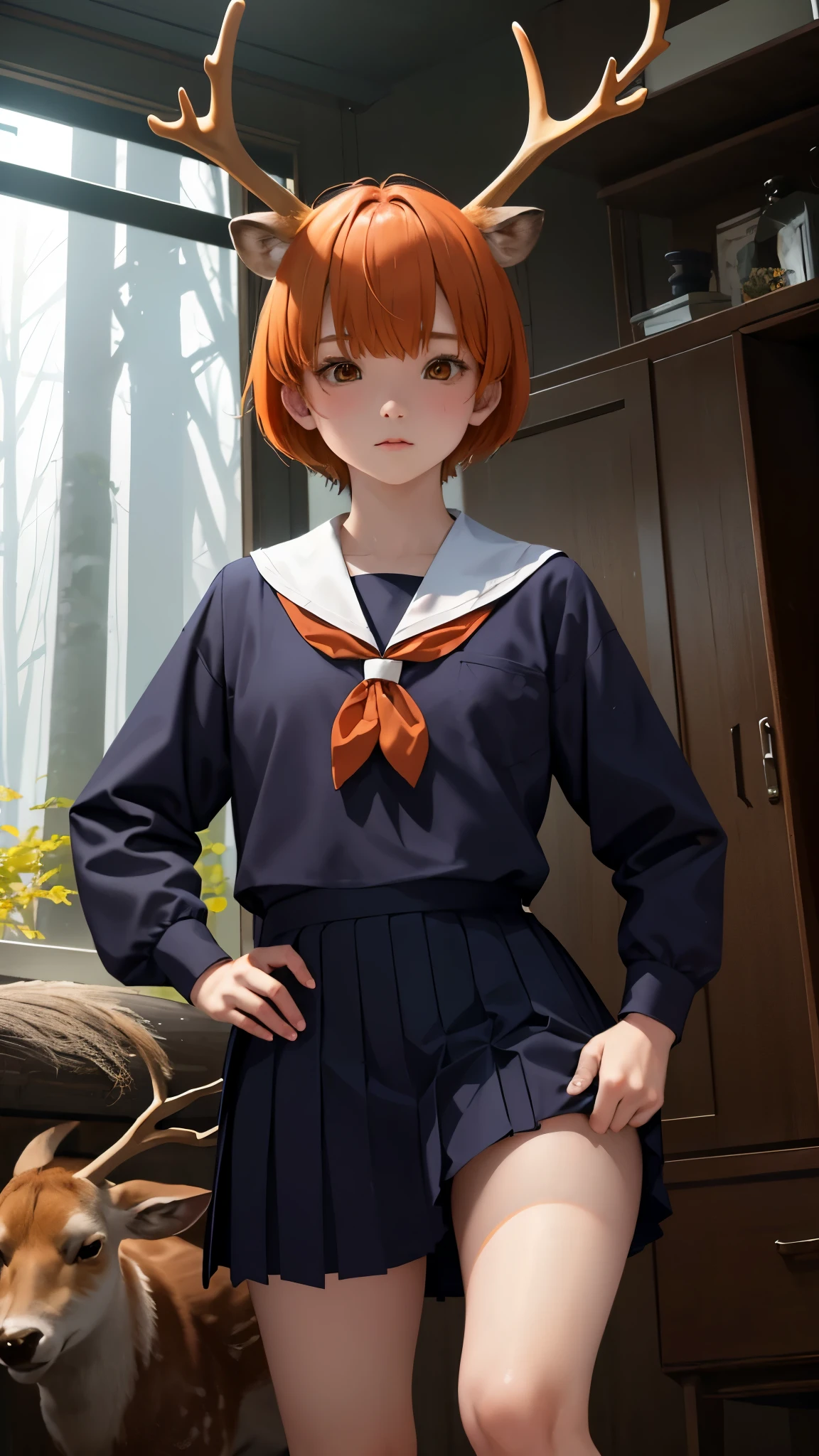 uniform、high school girl、Short Hair、Orange Hair、Deer antlers grow、In a dark and mysterious forest、Shooting with a wide-angle lens、Dynamic pose、Fawn standing next to me、Masterpiece、Highest quality。