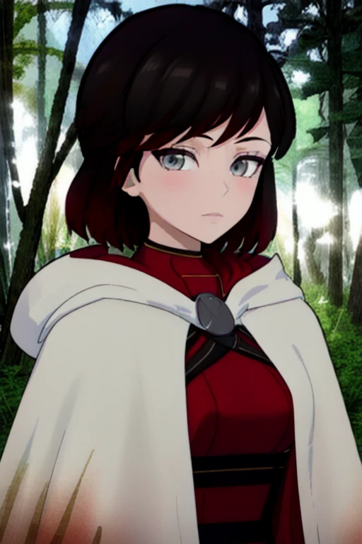 srwby, short hair, black hair, red hair, white cloak, white cape, gradient hair, grey eyes, Solo, 1girl, Looking at viewer, Masterpiece, Best Quality, forest