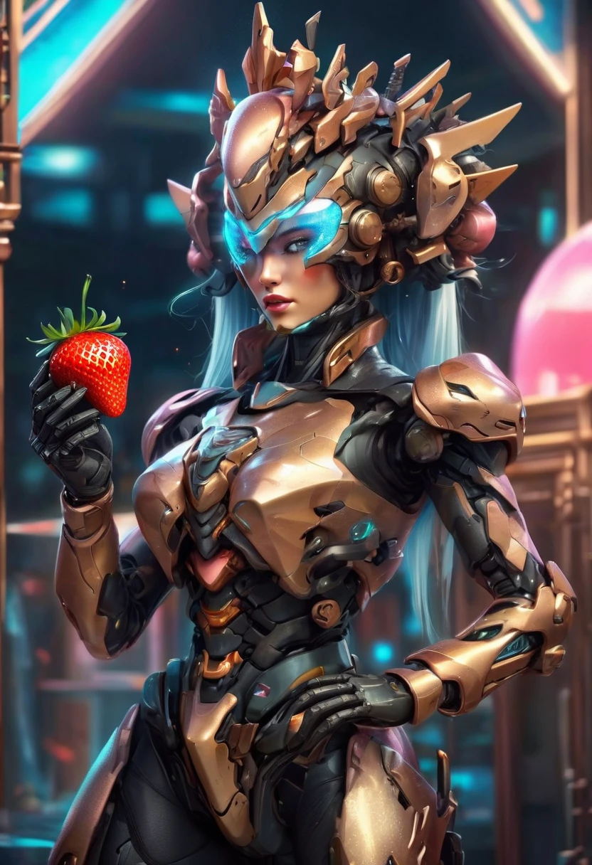 a portrait of  an exotic, elegant beautiful mecha woman eating an epic, (legendary strawberry: 1.3) in cocktail party , ((full body: 1.5)), ((anatomically correct: 1.5)), (ultra detailed face: 1.2), dynamic eye color, glowing eyes, dynamic hair color, dynamic hair style dynamic skin complexion, wearing 1960's glamour intricate dress, high. fashion dress, dynamic color dress , wearing high heels, cocktail party background, vibrant, Ultra-high resolution, High Contrast, (masterpiece:1.5), highest quality, Best aesthetics), best details, best quality, highres, 16k, (ultra detailed: 1.5), masterpiece, best quality, (extremely detailed) RAW, (ultra details, Masterpiece, best quality), Hyperrealism style, MechanicusStyleAI, 