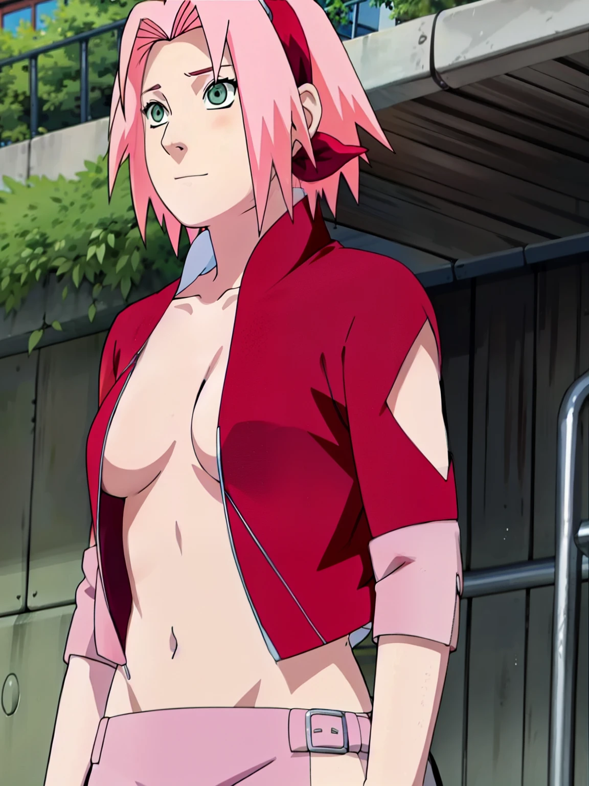 Sakura Haruno open blouse open zipper ripped blouse open shirt ripped shirt showing sexy chest and belly.
