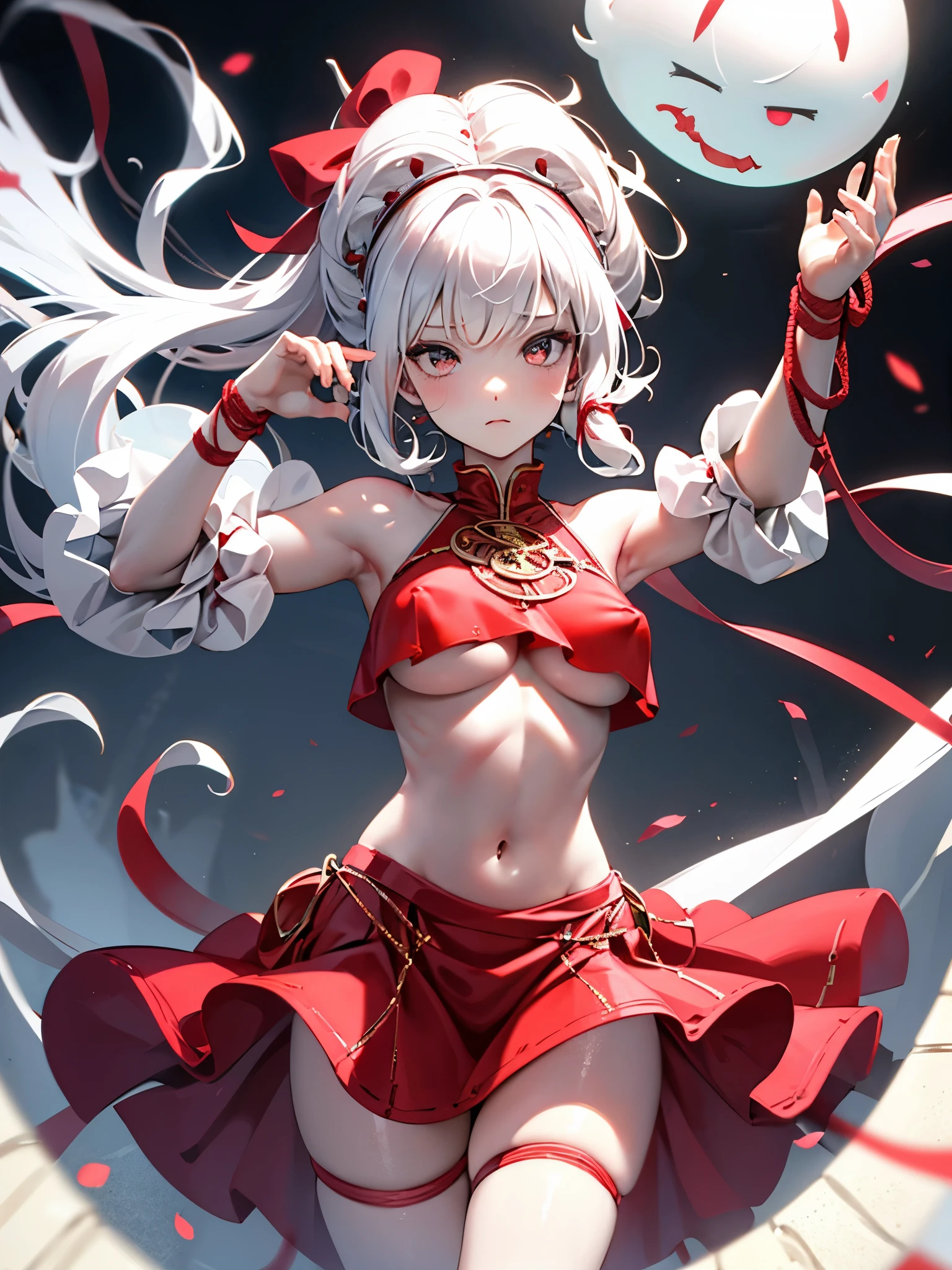 dancer, red dresses doll, showing off, masterpieces, HD, 16K, white hair, white eyes, red rope, scale up, perfect body shape, ghost, spirit, children, cute, spiral, red ribbon, Violence lolita, underboobs, sexy, mind break, dumb, pussy, nipples, observation, nerd, creative, tips, electric shock