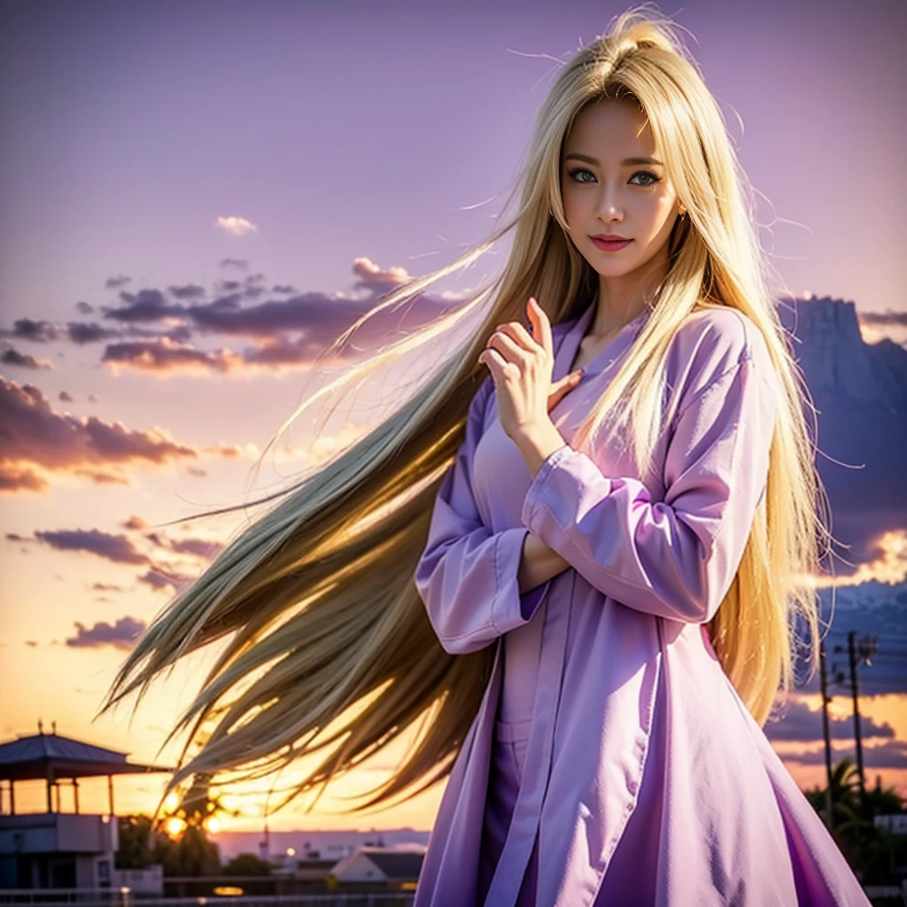 1female, ino in anime anime shippuden, long hair, yellow hair, blue eyes, smile, beautiful, purple clothes, realistic clothes, city background, ultra detail, realistic, masterpiece:1.2, HDR, studio lighting, vivid colors, sharp focus, physicially-based rendering, ultra-fine painting, portraits, landscape, hold flowers, Fingers are not damaged