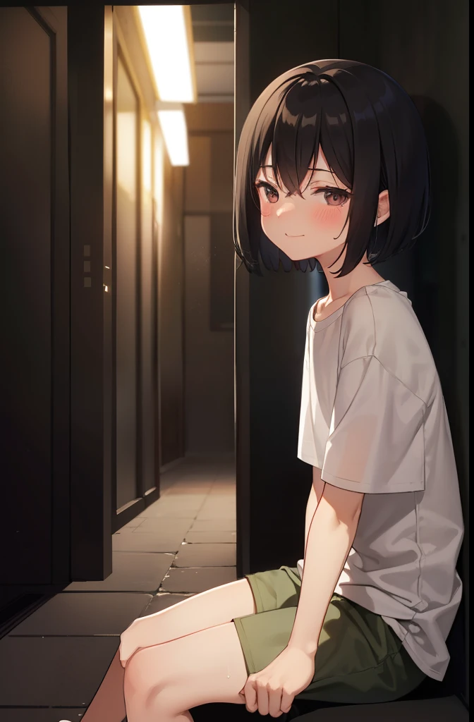 Temple corridor,dark,smile,sitting and watching the fireworks,Put your hands behind your back,close your eyes,1. small  ,short hair,Black Hair,blush,White T-shirt,Olive green shorts,White skin,From below,Sweat,night中,night,