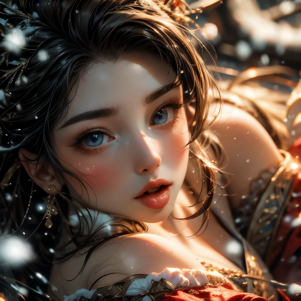 ExtremelyDetailed Kawaii girl Face (Close-up KissableTongue (Kissing to Camera)) glossy lips with beautiful details, Detailed Hair Flow, extremely delicate and beautiful (TopQuality Masterpiece of 8K Ultra-detailed(ProfessionalPhoto:1.37)), {Amazing|finely detail|official art|incredibly absurdres} (close-up:1.22), fish eye lens (wide lens) macro lens, Detailed reflective Eyes with (sparkling highlights:1.28) Detailed(Voluminous LongEyelashes:0.88), {from Above|Visible Uvula|String of saliva drip}, (Off shoulder:1.22), (snow on tongue:1.28) snow particles