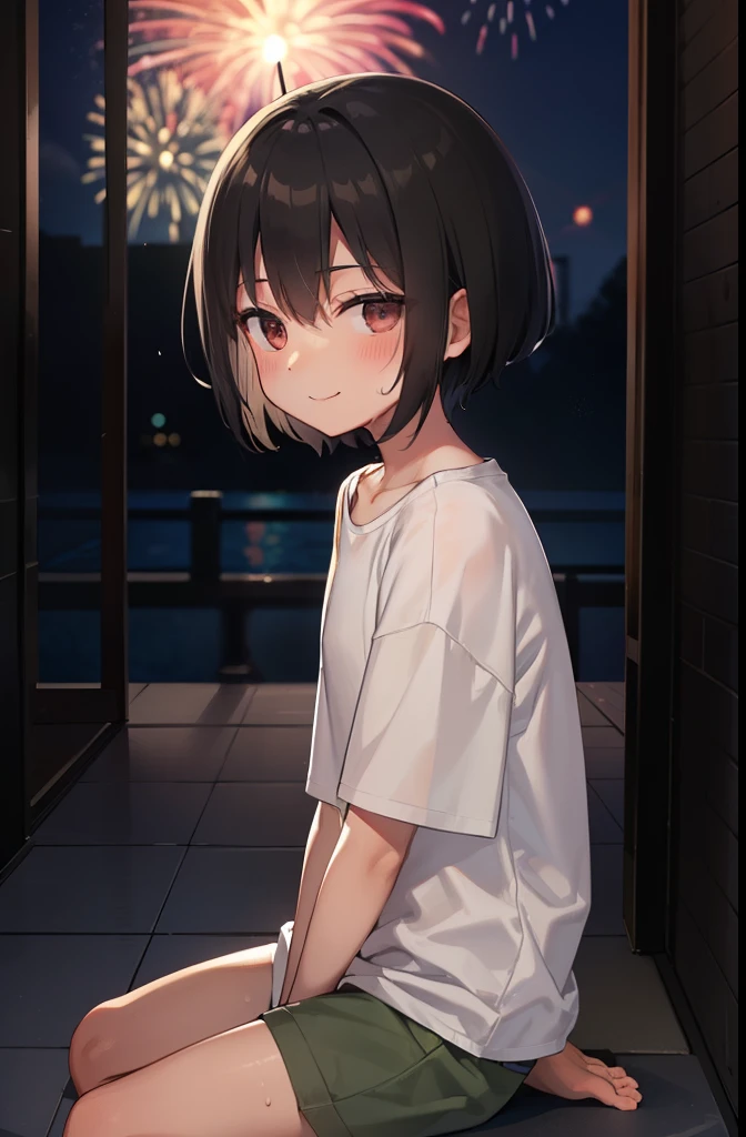 Temple corridor,dark,smile,sitting and watching the fireworks,Put your hands behind your back,close your eyes,1. small  ,short hair,Black Hair,blush,White T-shirt,Olive green shorts,White skin,From below,Sweat,night中,night,