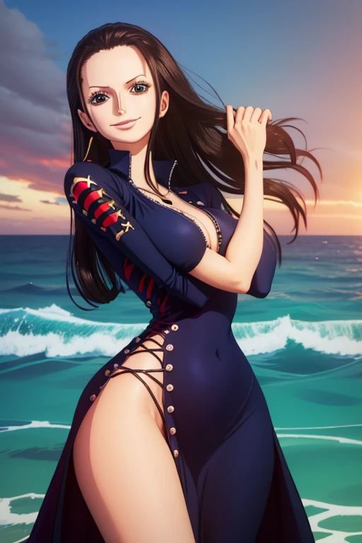 1girl, smile, (Long Straight Hair), girl, (nico robin), one piece, (slit navy dress without print), Big Breasts, f/16, 85mm, (sea), masterpiece, anatomically correct, super detail, high detail, high quality, best quality, highest, 4K