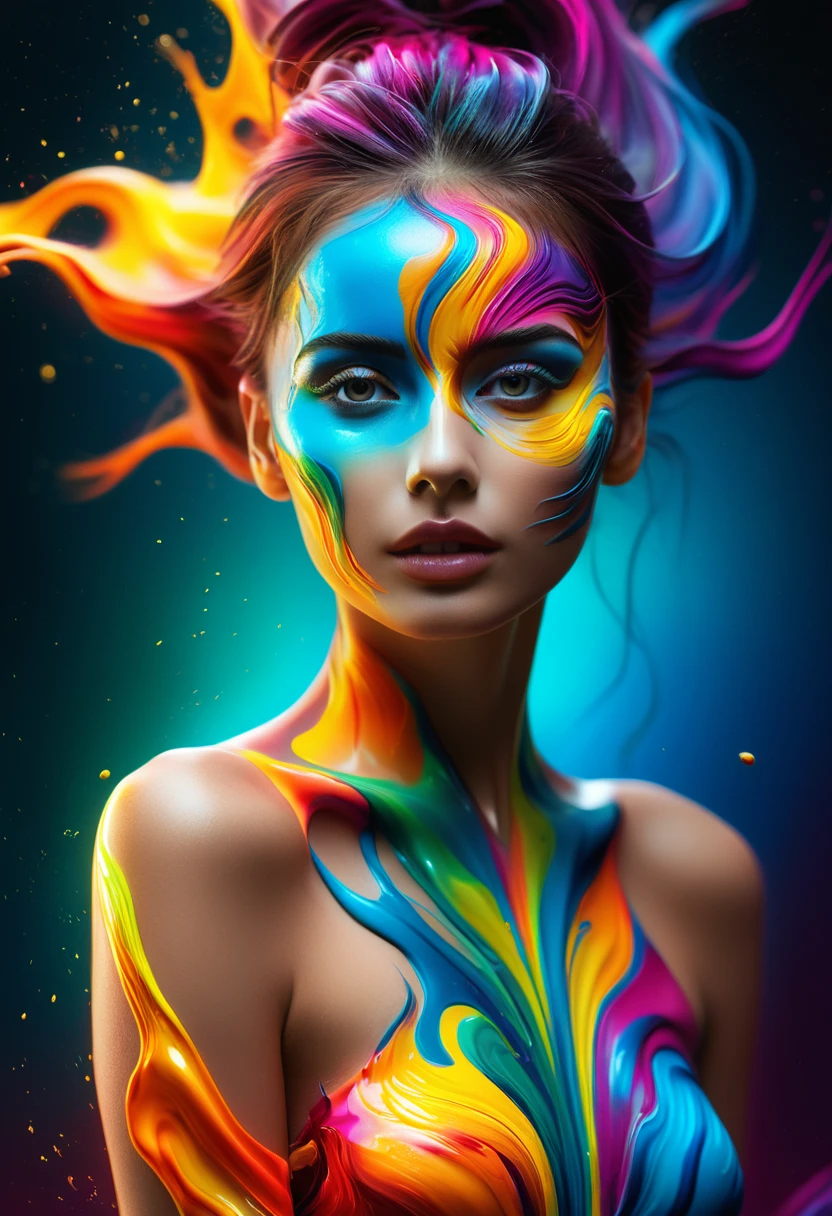 high quality, 8K Ultra HD, Surreal portrait of a stunning woman.
(((photographic, photo, photogenic))), extremely high quality high detail RAW color photo, Woman in dynamic pose, Brightly painted face, Fluid landscape and morphological fusion, Glowing 3D objects interact with graphics, Ultra-detailed illustrations, The feeling of melting runs through the entire composition, Flat but expressive artistic approach, Glow Aesthetics, Full body capture, Glowing Texture, Shining highlights, vibrant color palette, Encapsulating energy and motion, Mobility and light dynamics, Sharp visual contrast, A clever fusion of characters and abstract elements ,