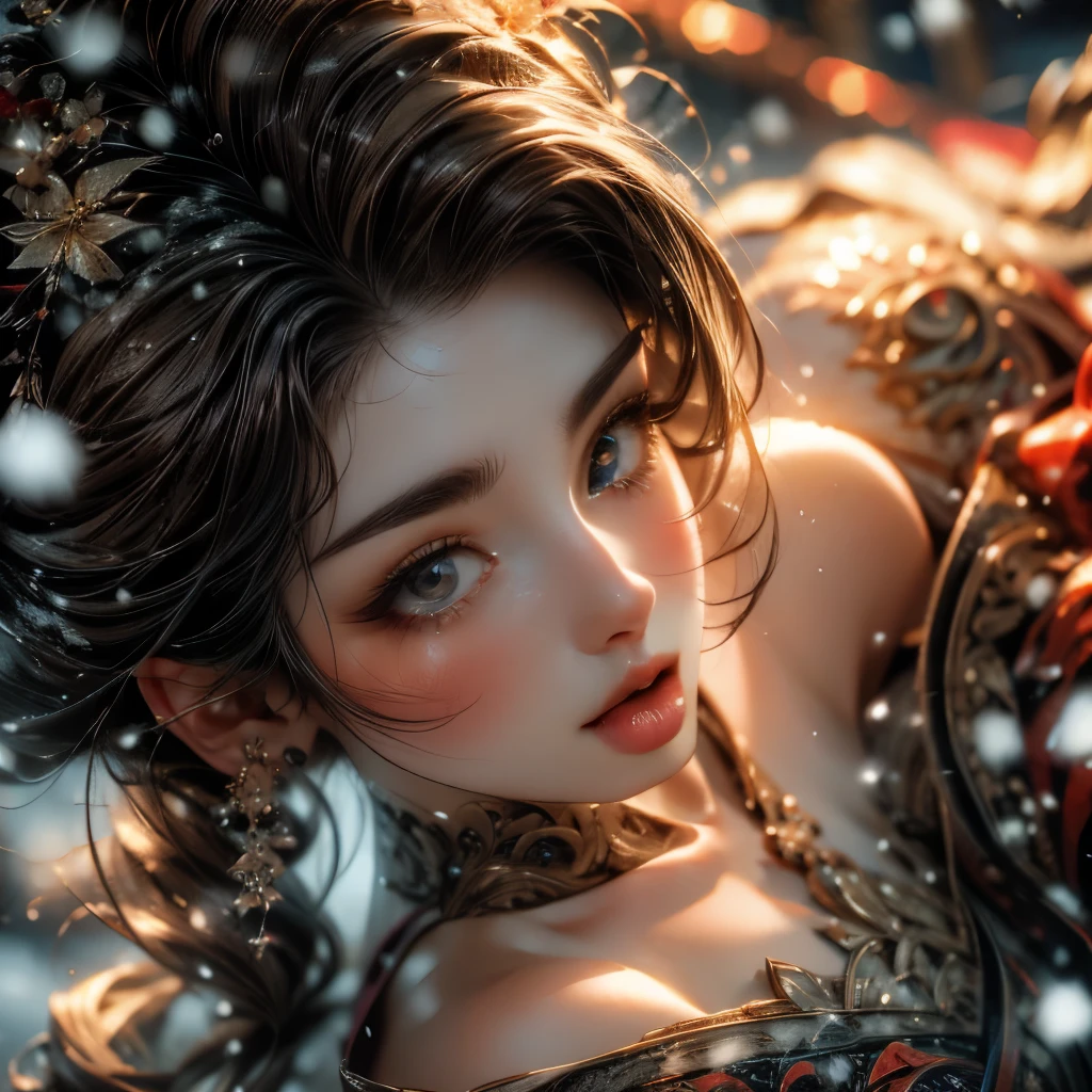 ExtremelyDetailed Kawaii girl Face (Close-up KissableTongue (Kissing to Camera)) glossy lips with beautiful details, Detailed Hair Flow, extremely delicate and beautiful (TopQuality Masterpiece of 8K Ultra-detailed(ProfessionalPhoto:1.37)), {Amazing|finely detail|official art|incredibly absurdres} (close-up:1.22), fish eye lens (wide lens) macro lens, Detailed reflective Eyes with (sparkling highlights:1.28) Detailed(Voluminous LongEyelashes:0.88), {from Above|Visible Uvula|String of saliva drip}, (Off shoulder:1.22), (snow on tongue:1.28) snow particles 
