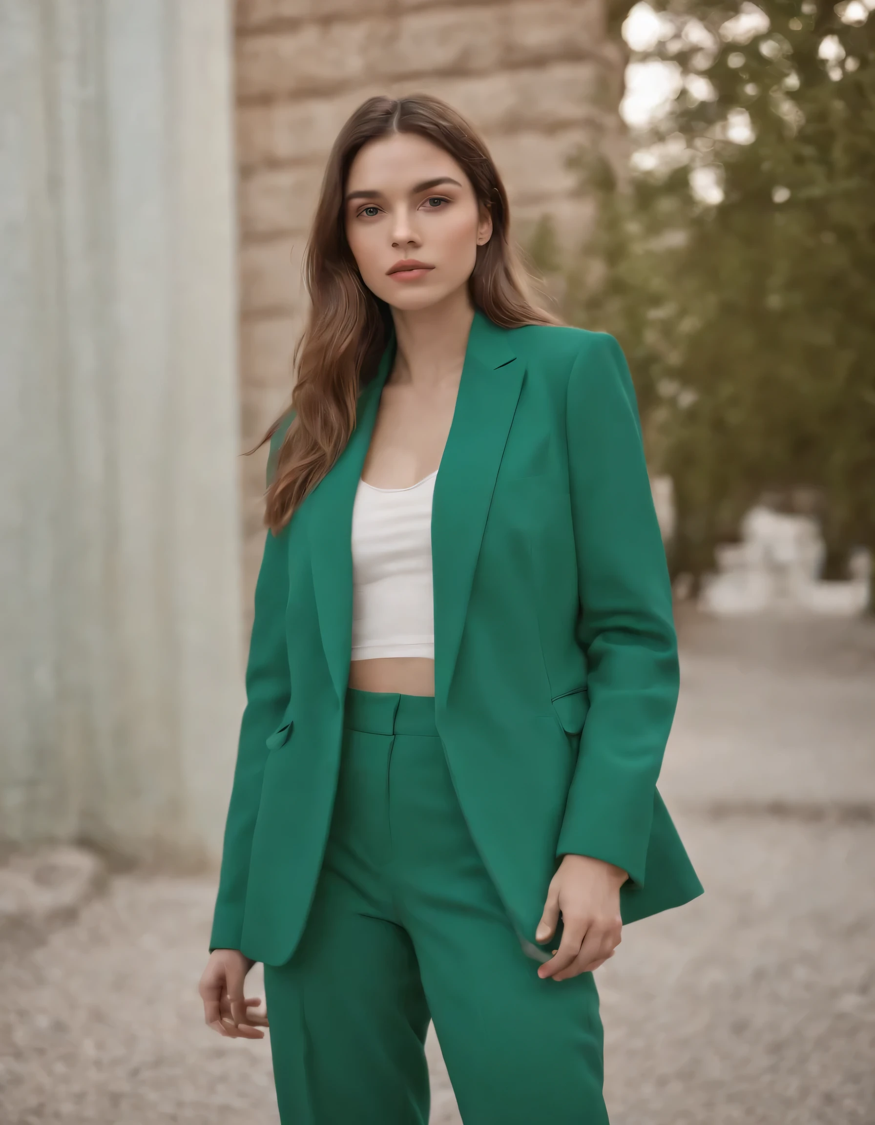 a young woman wearing a blue jacket and green pants, in the style of color-blocked shapes, Another Mosina, voluminous shapes, New American color photography, heatwave, whole body, elongated,(trunk)