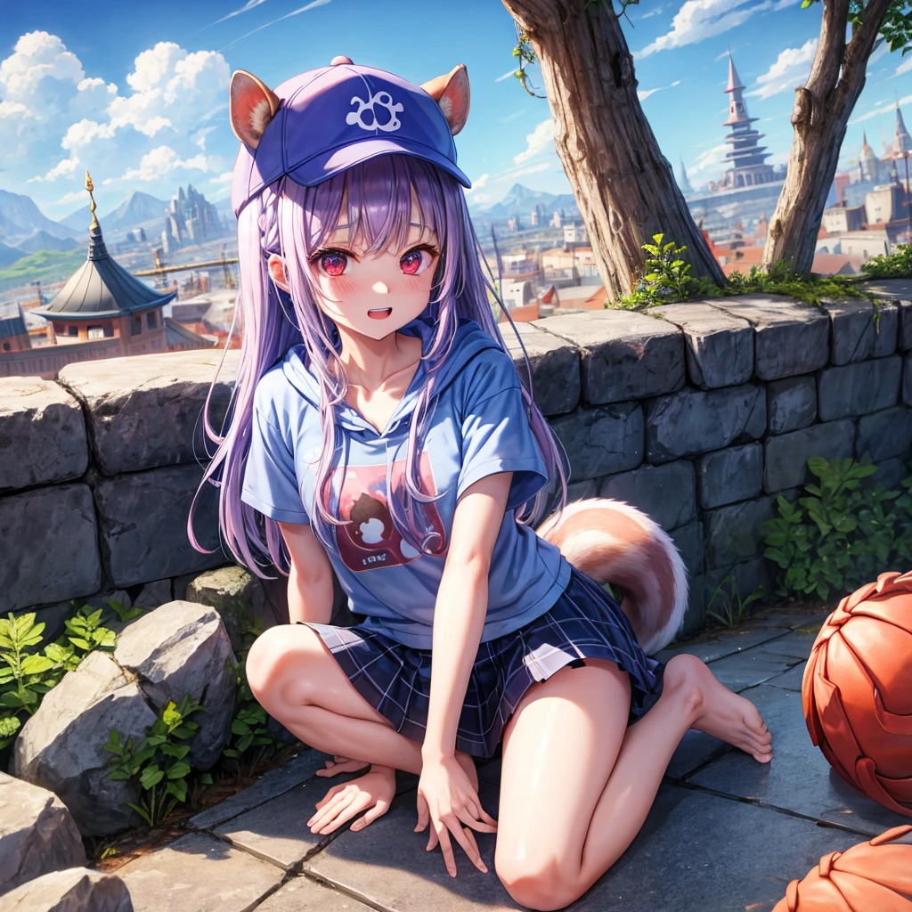 Blue-light purple hair、Red eyes、Braid、One cute girl、solo、And soul、Light clothing、Checked mini skirt、petal、Wet hair、black t-shirts、hoodie、bear ears baseball cap、large tree、cloud、Red full moon、desert、barefoot、Stones are piled up、Teeth are visible、Secret Treasure、Fortress City、Tilting face、Squirrel on head