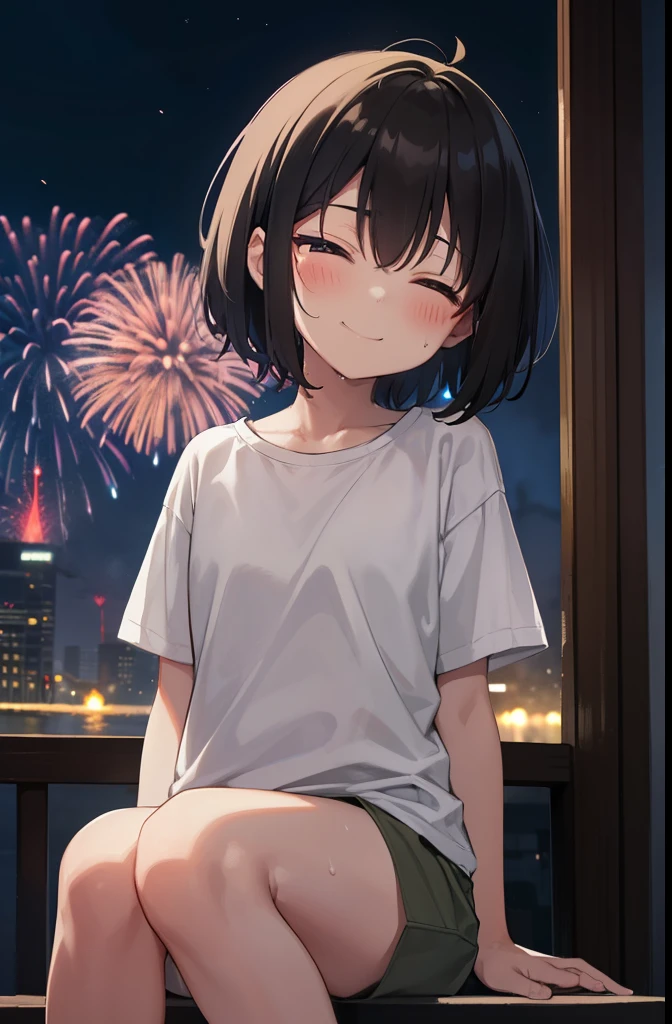 Temple corridor,dark,smile,sitting and watching the fireworks,Put your hands behind your back,close your eyes,1. small  ,short hair,Black Hair,blush,White T-shirt,Olive green shorts,White skin,From below,Sweat,night中,night,