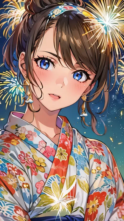 highest quality, finer details, (beautiful single women))), highly detailed eyes and face, firework, yukata, looking up at firew...