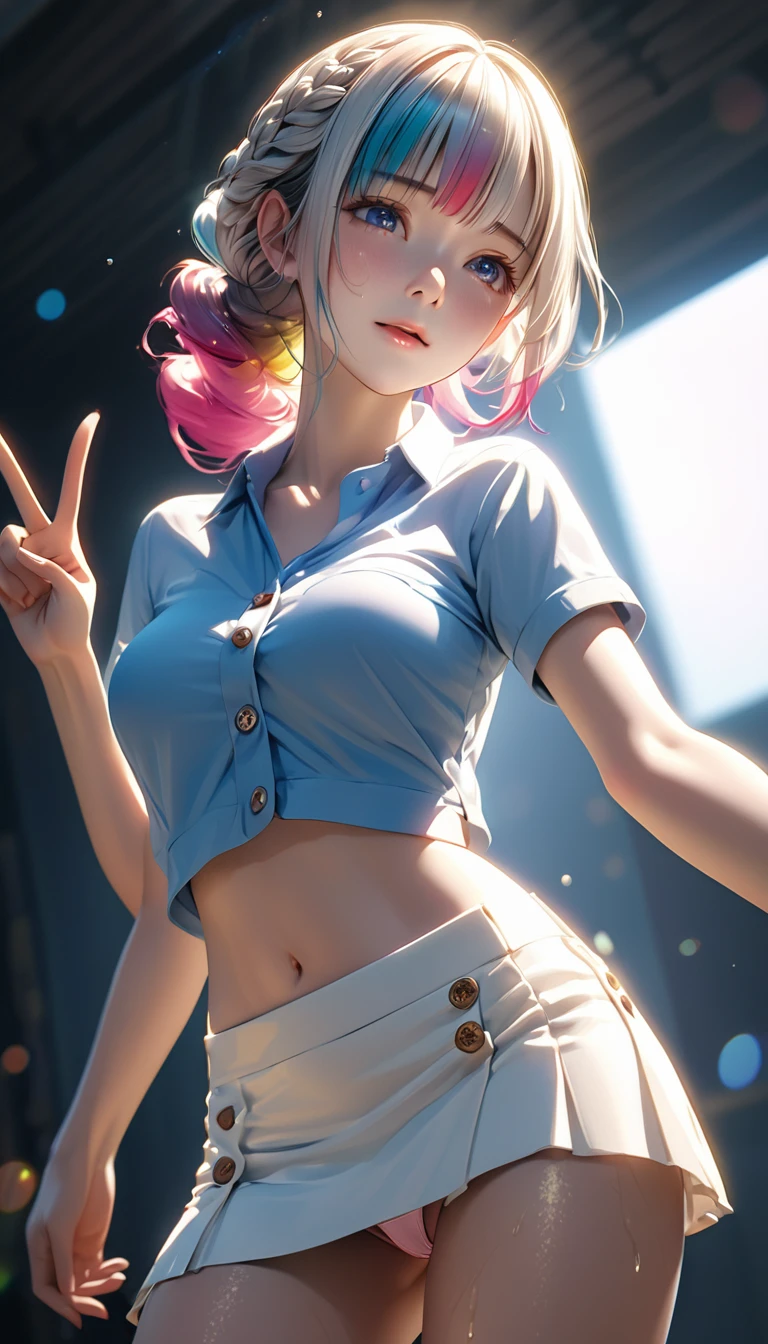 Masterpiece、最high quality、high quality、High definition、High resolution、High detail、Lens flare、Ray tracing method、high qualityの質感、high qualityの影、Beautiful details、Detailed and delicate、Detailed texture、Realistic facial expression、Realistic and colorful、Delicate、Cinematic Light、Side light、Sharp Focus、(1 woman:1.3)、(Intricate details、Makeup、Pure Eros Face_v1:0.5)、(Details Beautiful delicate face、Detailed beautiful delicate eyes、Perfect Facial Proportions、Detailed skin、Charm)、fancy hairstyles、Beautiful bangs、(Two-tone gradient hair color)、slender、(Upturned beautiful breasts)、Raise your arm and make a peace sign、Detailed crotch、Female juice、(Experiencing the best orgasm)、Light-colored V-cut、Light-colored thong、Thigh mini skirt、Low-rise mini skirt、Front-button short-sleeve shirt、Crop top、Low-angle composition