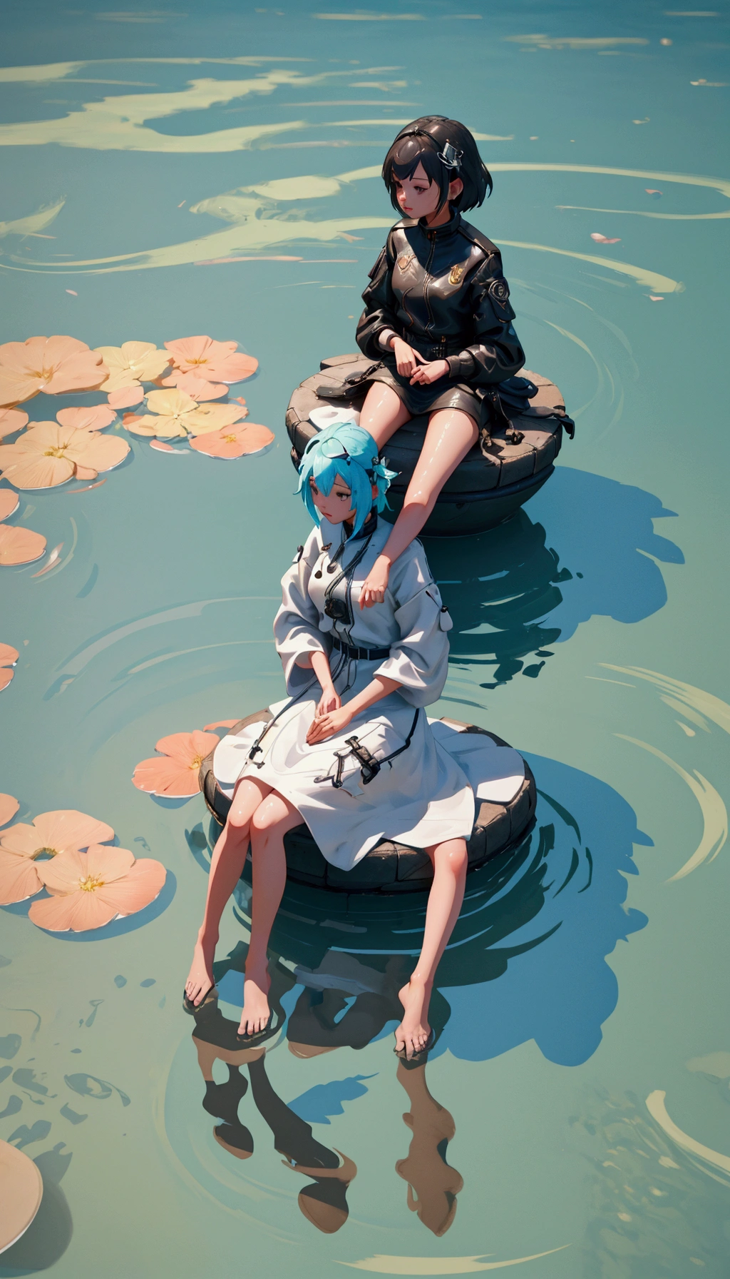 beautiful girl  character sitting on a water puddle with a speech bubble, stuck, 3 d illustration, 3d illustration, 2. 5 d illustration, trending on cgstation, 2 d illustration, 2d illustration, still capture, no gradients,  background artwork, best on adobe stock, 3 d cgi