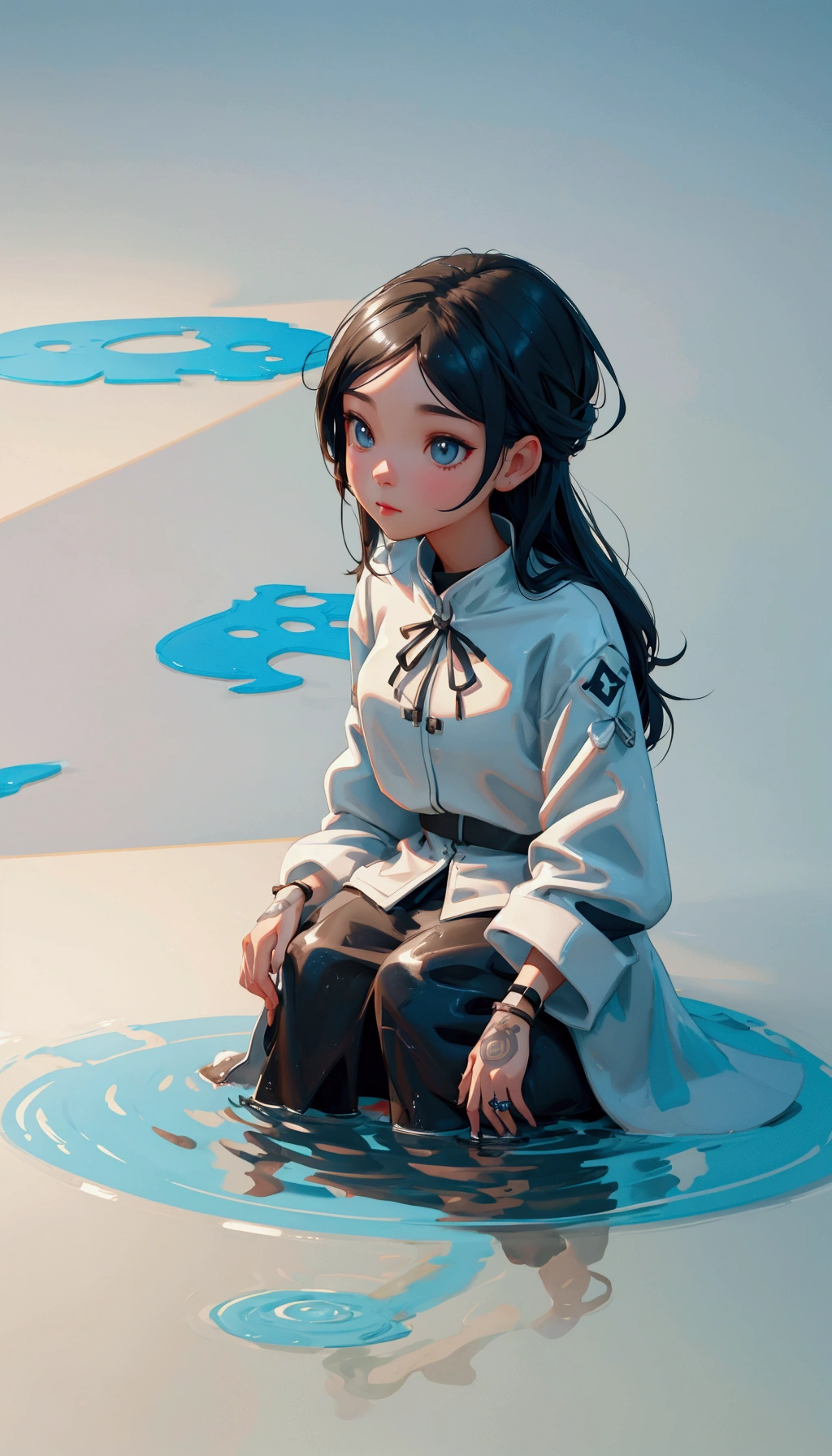 beautiful girl character sitting on a water puddle with a speech bubble, stuck, 3 d illustration, 3d illustration, 2. 5 d illustration, trending on cgstation, 2 d illustration, 2d illustration, still capture, no gradients, background artwork, best on adobe stock, 3 d cgi