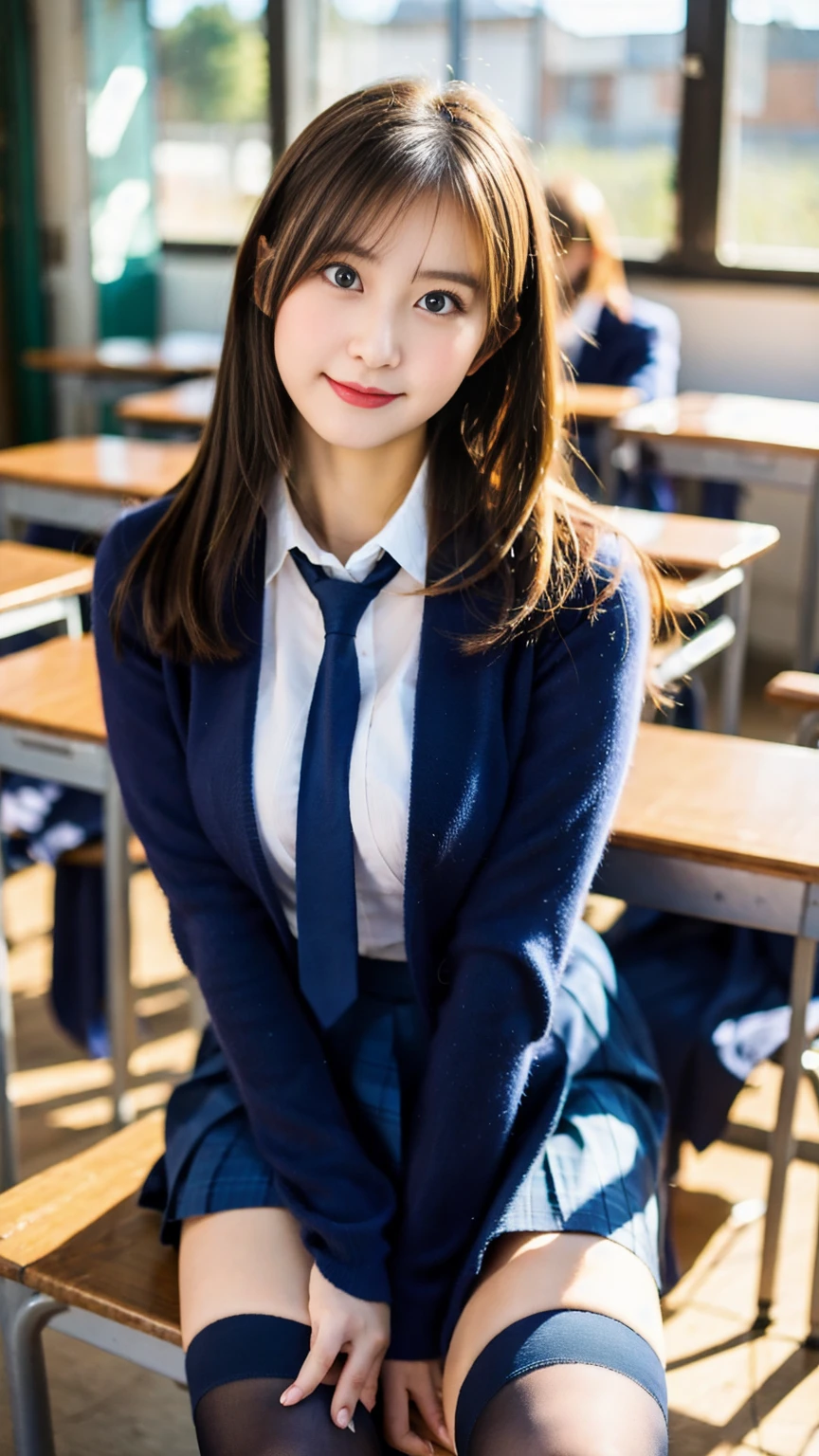 (Masterpiece, Masterpiece, 8k), One beautiful woman, Long blonde hair, blue eyes, A blue ribbon in her hair, High School Outfit, Black blazer, Black Skirt, Blue tie, Big Breasts, Thighs, Wearing high stockings, In the classroom, Serious expression, High resolution, Blur the background, Smile