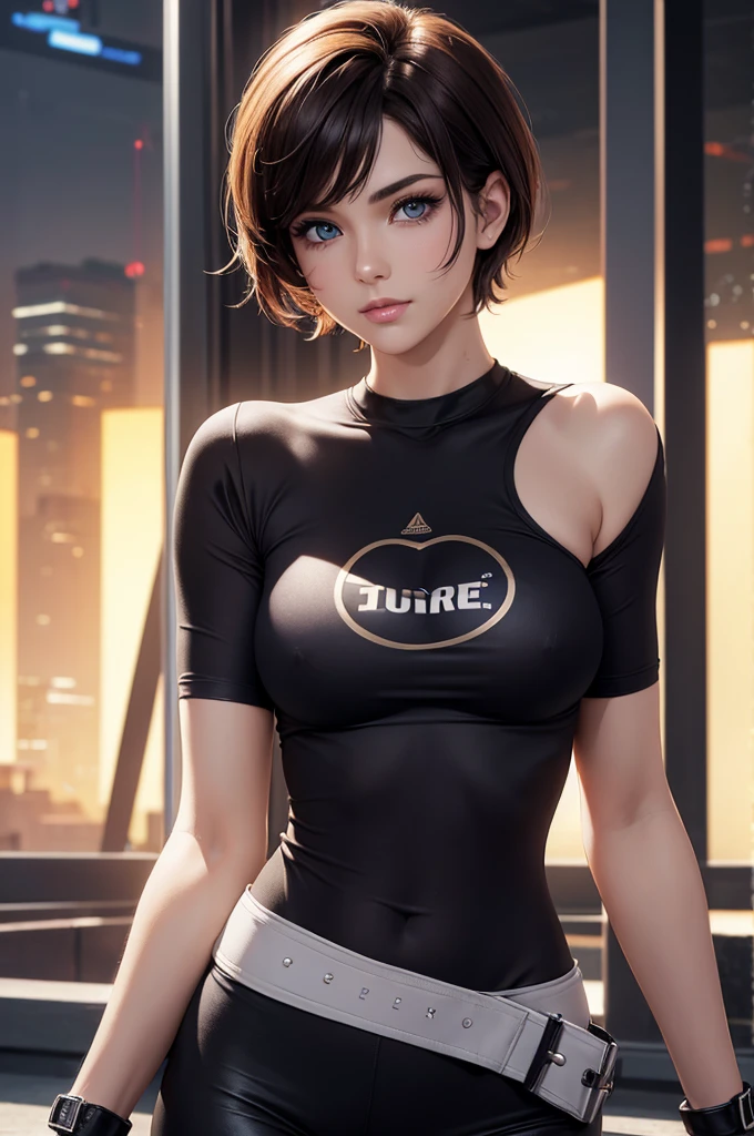 best quality, Ultra-high resolution, (Reality: 1.4), beautiful Eyes, Super beautiful, Very short hair, beautiful, Honey, Big chest T-shirt, beautiful Soldier, Attract the audience's eyes, lover's perspective, Invitation to express, Sexy smile, Perfect style, Perfect balance, Delicate skin, Naughty eyes, Visible chest