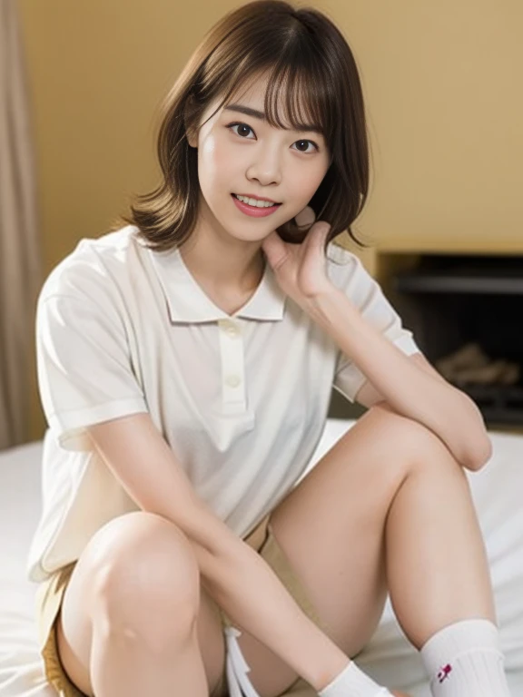 (Masterpiece, Best quality: 1.4), (Ultra realistic, Photo-realistic: 1.2), Full body, Spread legs, Looking at viewer, Natural light, 30 years old actress, Japanese women, Neat and clean, ((Wearing white tennis uniform, White short-sleeve polo shirt with collar, Not buttoning the polo shirt, White pleated skirt: 1.2)), (Short wavy hair: 1.2), Light brown hair color, (Beautiful Face), Oval face, clear, (Beautiful eyes, Kind eyes), (Clear skin), Small face, (Small mouth, Beautiful mouth), Natural makeup, (Wearing white socks: 1.1), Approachable, Hotel Suite room,On bed, Seductive smile, Seductive pose, Beautiful thighs, Bedroom eyes, Embarrassed, blush