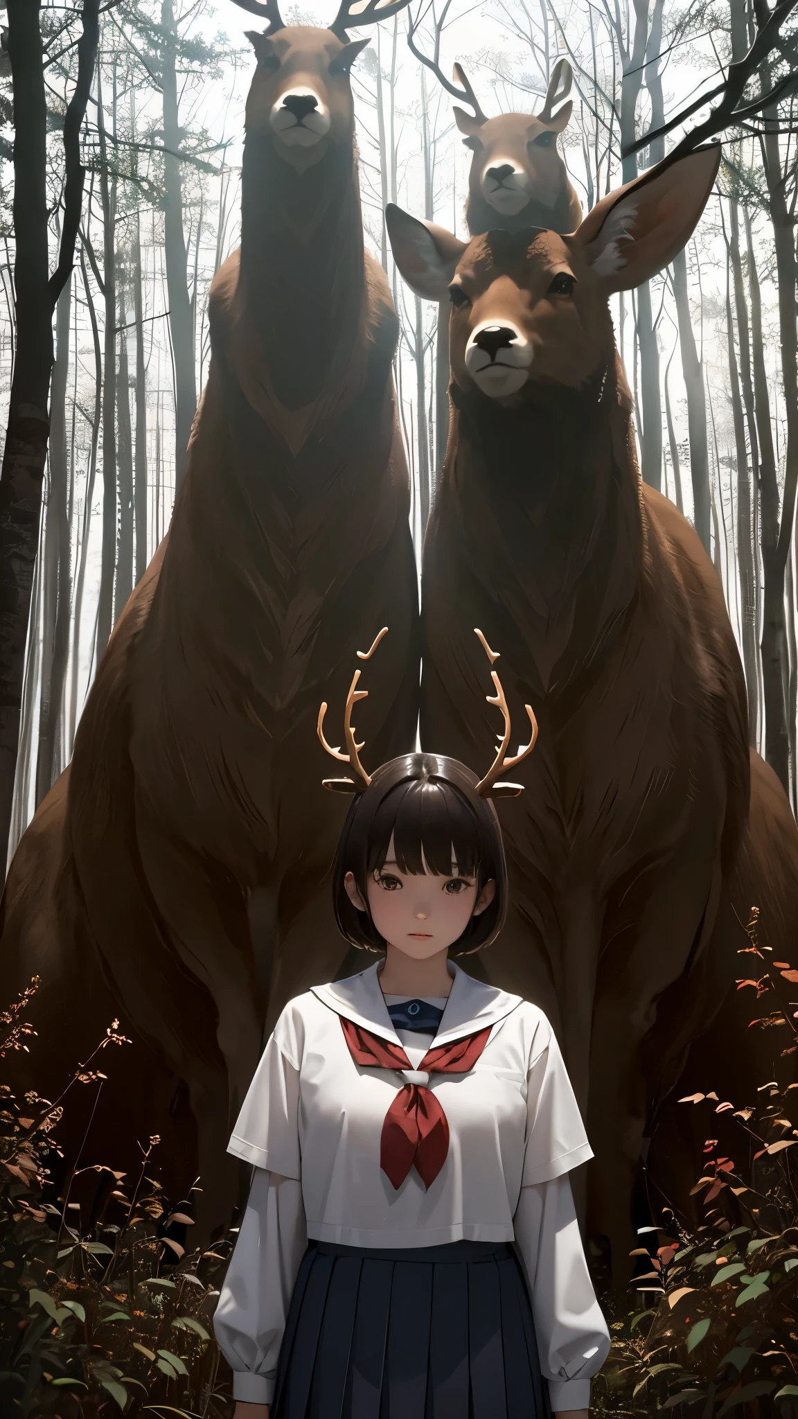 uniform、high school girl、Short Hair、Brown Hair、Deer antlers grow、In a dark and mysterious forest、Shooting with a wide-angle lens、Dynamic pose、Several deer standing next to each other、Masterpiece、Highest quality。