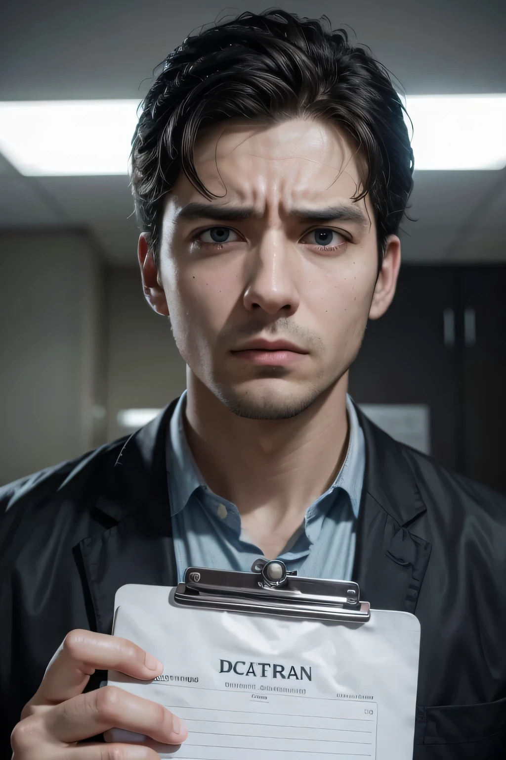 one  men, doctor, with an expression of fright, with a clipboard in hand