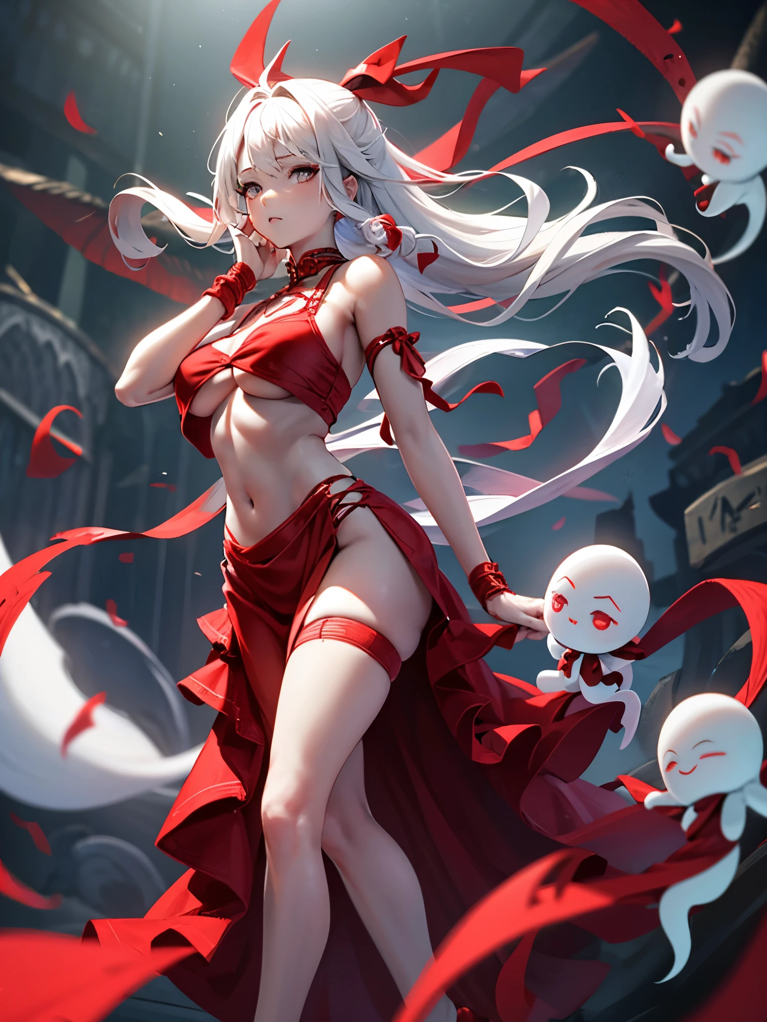 dancer, red dresses doll, showing off, masterpieces, HD, 16K, white hair, white eyes, red rope, scale up, perfect body shape, ghost, spirit, children, cute, spiral, red ribbon, Violence lolita, underboobs, sexy, mind break, dumb, observation, nerd, creative, tips, electric shock, windy, wind effect