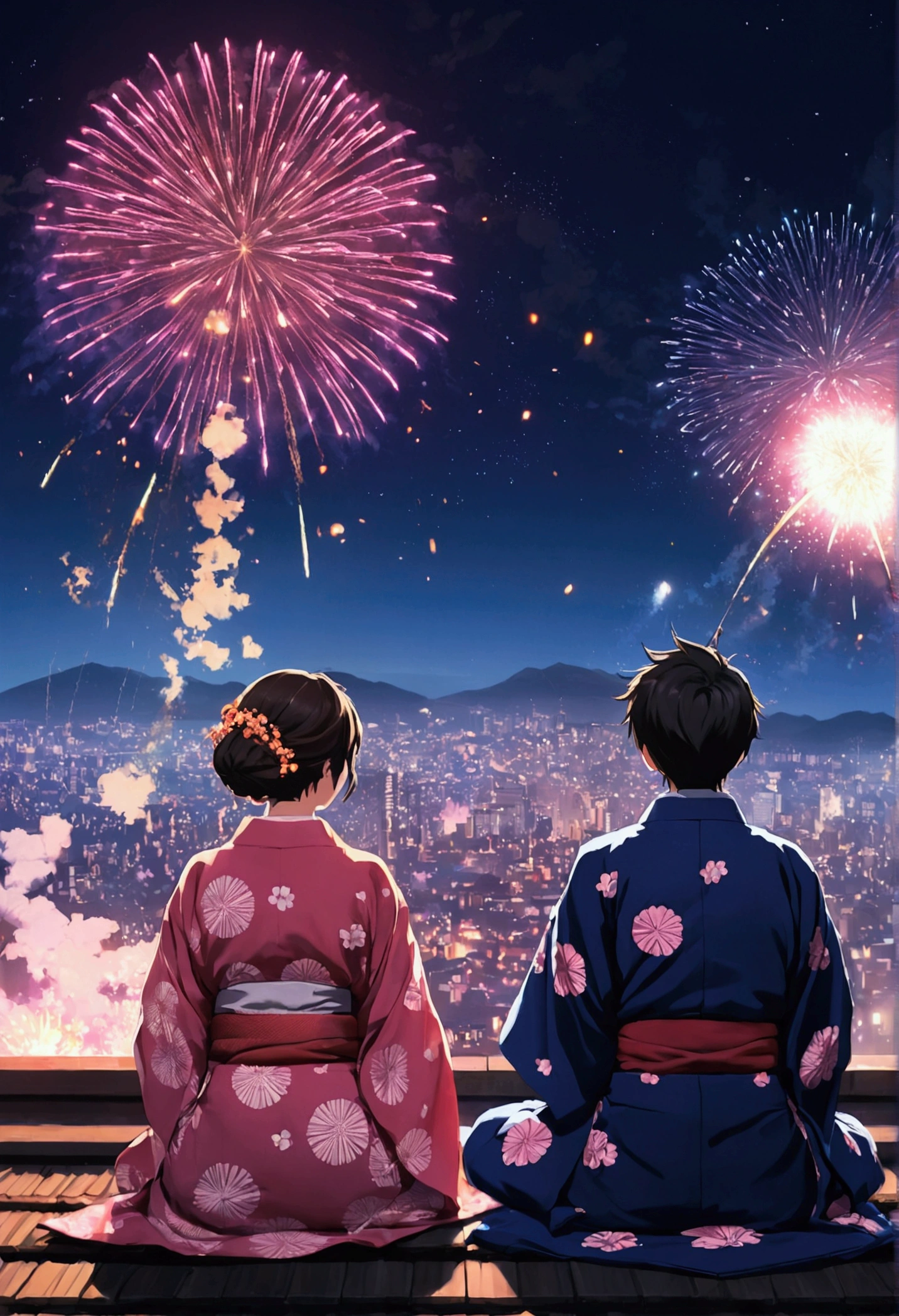 Men and women wearing yukatas, sitting, lighting fireworks and looking at each other, Digital Art by Alena Aenami, tumbler, Digital Art, Lo-fi art style, 4KAnime Wallpaper, Sit on the roof, Anime Wallpaper4k, Anime Wallpaper 4k, Anime Aesthetics, anime art wallpaper 4k, Lo-fi feeling, anime art wallpaper 4k, Anime Wallpaper