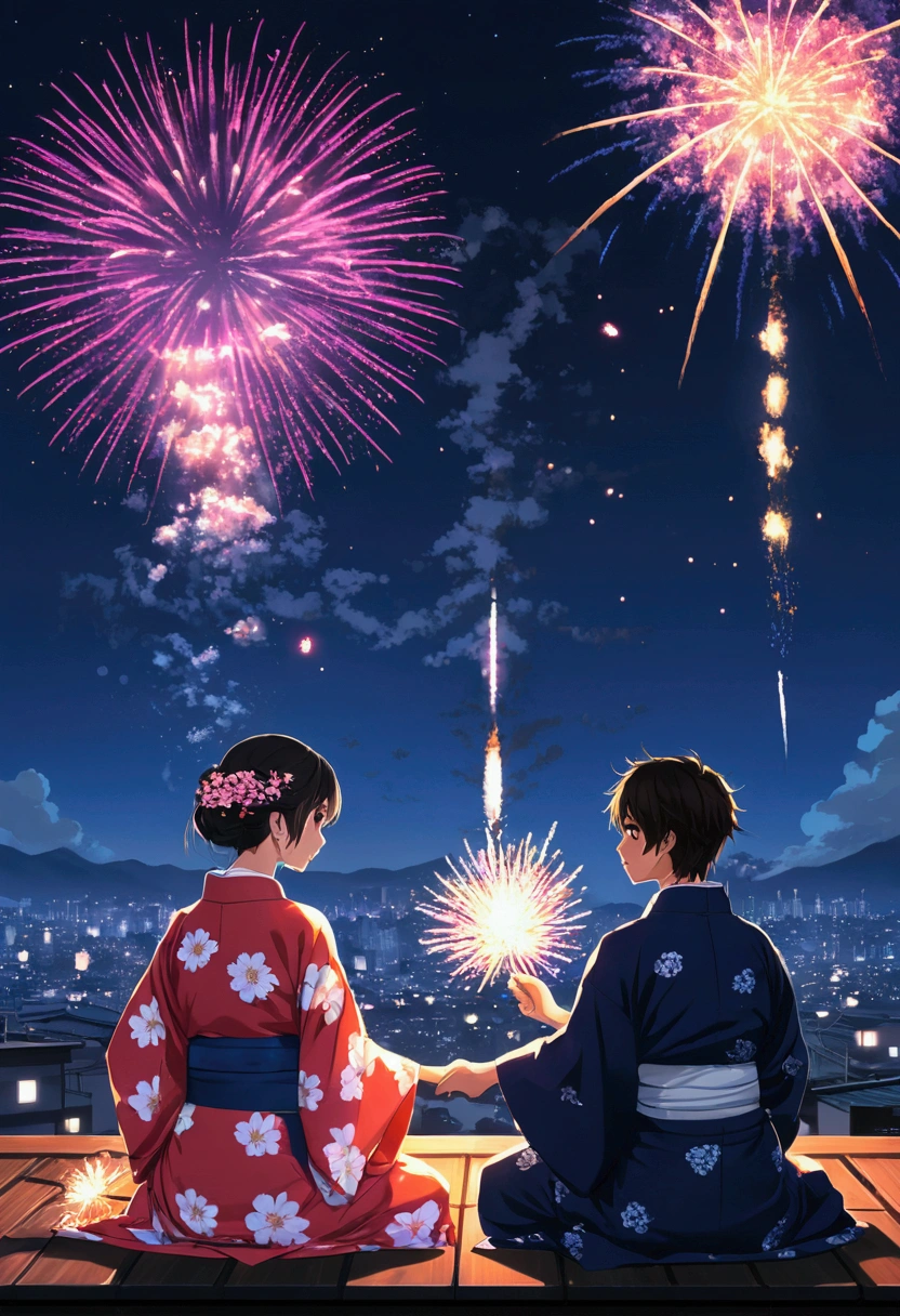 Men and women wearing yukatas, sitting, lighting fireworks and looking at each other, Digital Art by Alena Aenami, tumbler, Digital Art, Lo-fi art style, 4KAnime Wallpaper, Sit on the roof, Anime Wallpaper4k, Anime Wallpaper 4k, Anime Aesthetics, anime art wallpaper 4k, Lo-fi feeling, anime art wallpaper 4k, Anime Wallpaper