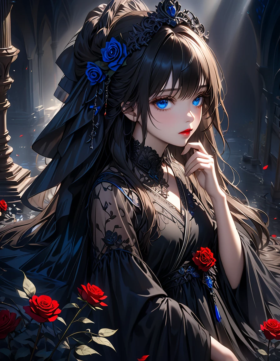 dramatic angle, beautiful detailed eyes, beautiful detailed lips, extremely detailed eyes and face, longeyelashes, beautiful and cute young girl, a princess of the underworld, a gloomy expression, a downcast face, looking up, hand on mouth, white and black gradation hair, through bangs, flowing hair, a black race sheer veil adorned with blue-black roses, an exquisitely beautiful black dress adorned with blue-black roses, a gloomy underworld background, (highest quality,16k,highres,masterpiece:1.2),ultra-detailed,(ultra-realistic,photo-realistic:1.37),HDR,UHD,studio lighting,ultra-fine painting,sharp focus,physically-based rendering,extreme detail description,professional,vivid colors,dark gothic,dramatic lighting,chiaroscuro,mysterious,melancholy,somber,surreal,fantasy