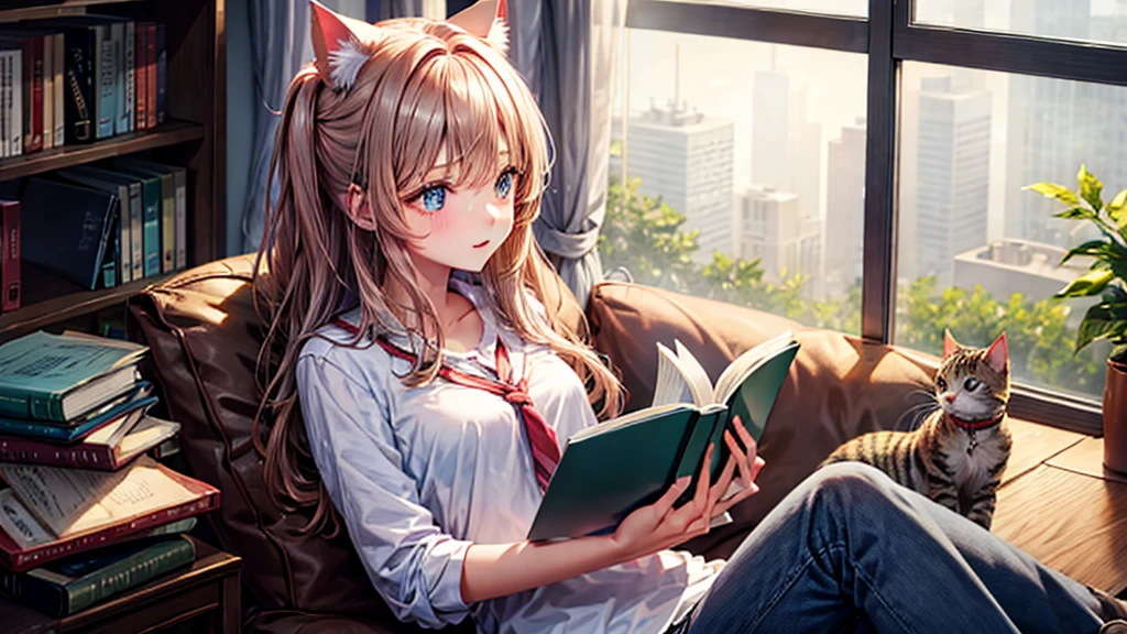 Cat-eared girl reading a book