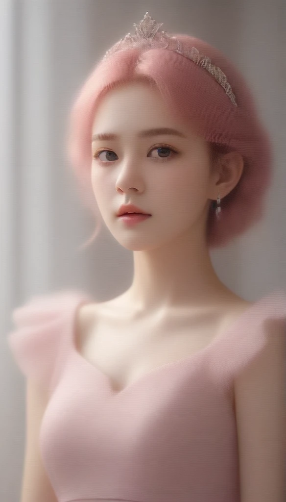 (8K, original photo, best quality, masterpiece), ultra high resolution, (actual, photo-actual), 1 girl, emotionless, alone, pink hair, yellow eyes, professional lighting, detailed lighting, backlight, depth of field, natural lighting, sharp focus, Two meters shooting distance, Take photos professionally, delicate eyes, actual eyes, Detailed shadows, CG games, role play, pink clothes with arm ring, sling, Upper body, pink clothes, External, crown, Gundam, Mecha,