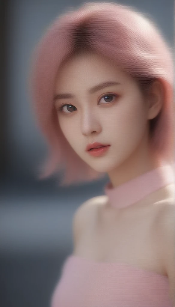 (8K, original photo, best quality, masterpiece), ultra high resolution, (actual, photo-actual), 1 girl, emotionless, alone, pink hair, yellow eyes, professional lighting, detailed lighting, backlight, depth of field, natural lighting, sharp focus, Two meters shooting distance, Take photos professionally, delicate eyes, actual eyes, Detailed shadows, CG games, role play, pink clothes with arm ring, sling, Upper body, pink clothes, External, crown, Gundam, Mecha,