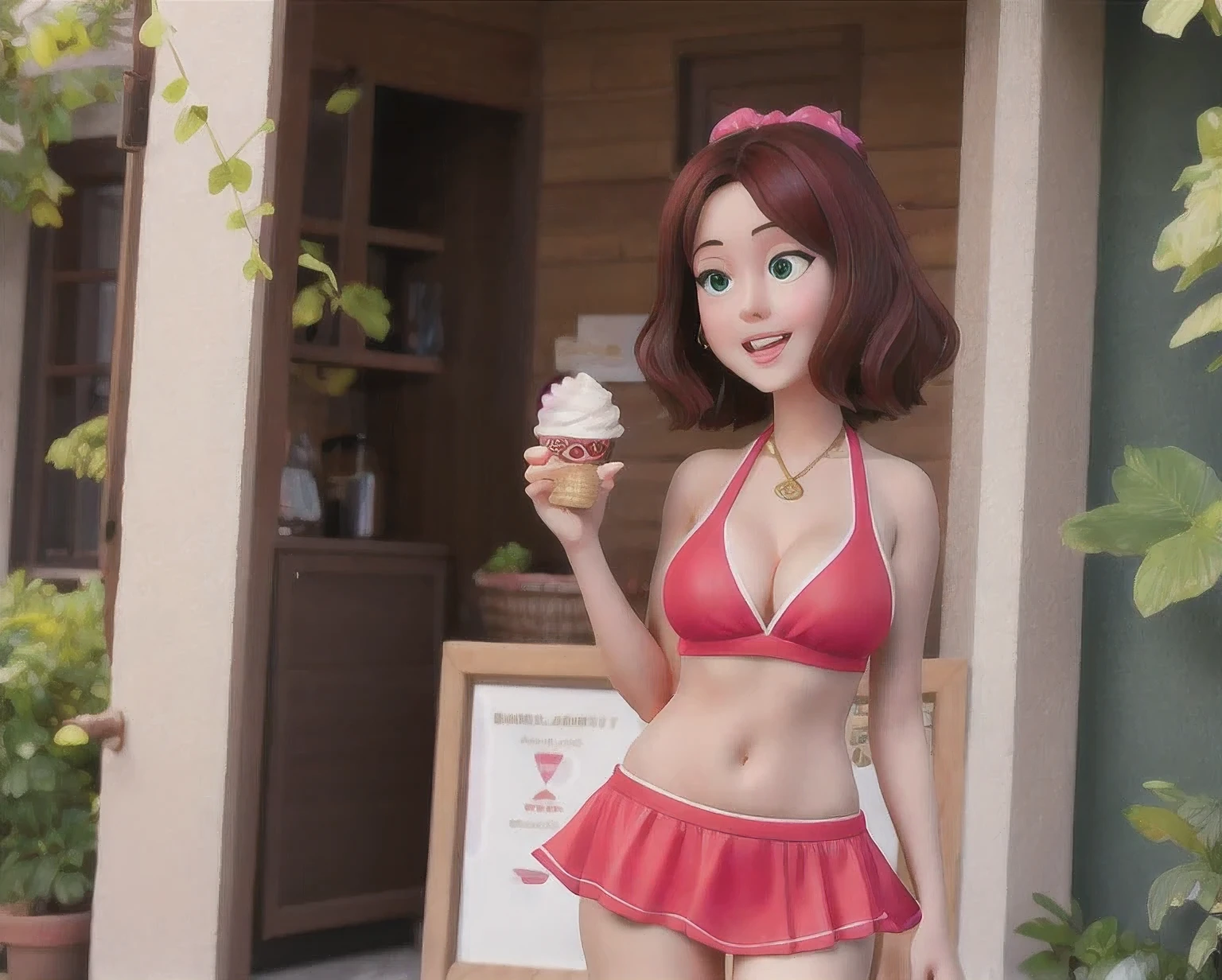 girl in a bikini eating an ice cream cone, eating ice cream, in a bikini, angela white, giorgia meloni, katy perry, in bikini, eating ice - cream, wearing spandex bikini, ice cream on the side, bikini, ice cream, wearing a bikini, candid photo of dirty, shiny plastic bikini, candid shot, cone, 1 girl, solo，in a green dress standing by a wall,portrait of female idol