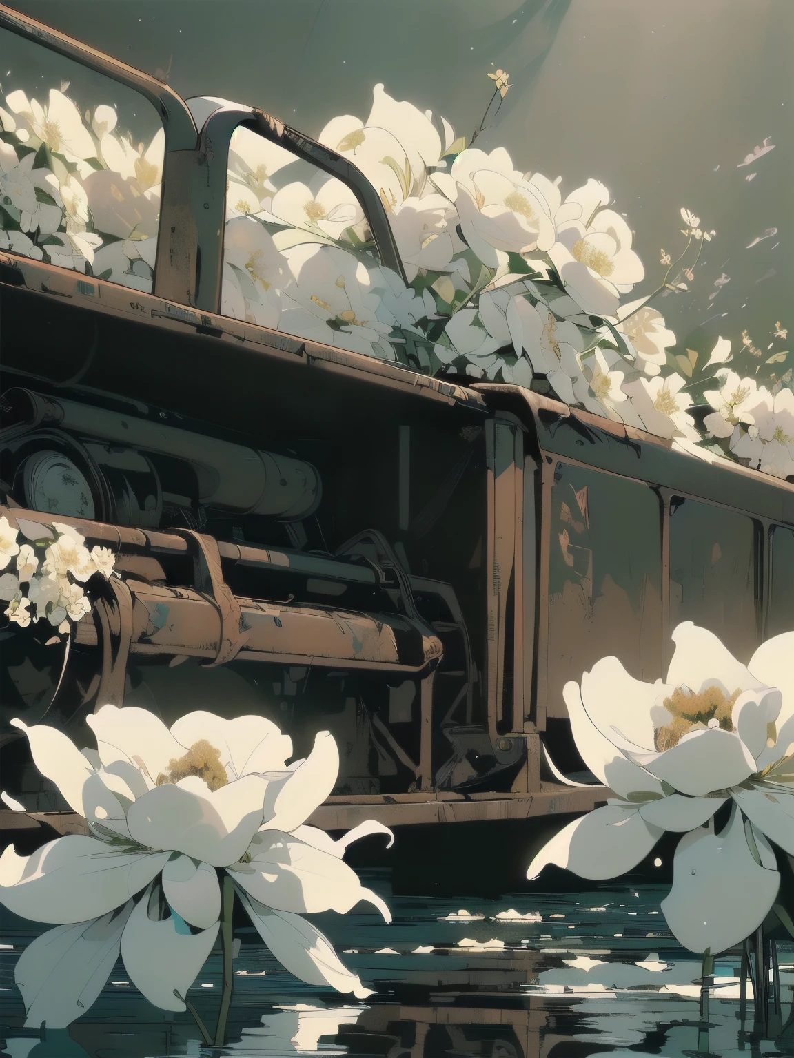 (((Masterpiece, top quality))), (((32K wallpaper))), ultra high resolution, (((close-up))), gorgeous light leak, (((backlit))), highly detailed background, top quality, (((no humans))), highly transparent river, (((extremely detailed rusty heavy truck with many white flowers)), (((( very dull color )))), (((( white flowers in the water)))