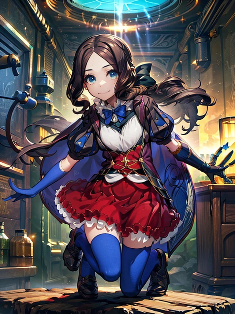 davinci, ponytail, hair bow, parted bangs, small breasts, blue bow, cape, puffy short sleeves, blue gloves, red skirt, blue pantyhose, Leonardo da Vinci, 1 girl,Highest quality,((Highest quality)),((Tabletop)),((Perfect Face)),1 girl,smile,beauty,((Holographic)),Shooting stars flow,Fantastic,Cinematic,Like the cover of a movie ,hands on knees,Highest quality,((Highest quality)),((Tabletop)),((Perfect Face)),1 girl,Cold gaze,Long eyelashes, beauty,((Holographic)),(masterpiece:1.2, Highest quality),(Desolate desert background) , (Beautiful attention to detail: 1.2), (Very detailedな CG Unity 8K 壁紙, masterpiece, Highest quality, Very detailed, Best Shadow), (Detailed Background), Chaotic abstract background, Vector Trace, Gradient blending and artistic elements add depth to your work. The overall atmosphere is creepy and nightmarish....., With a unique artistic touch. This movie is、The dark and crazy world of horror movies depicted in HD., Evoke visual stimuli and aesthetic sense