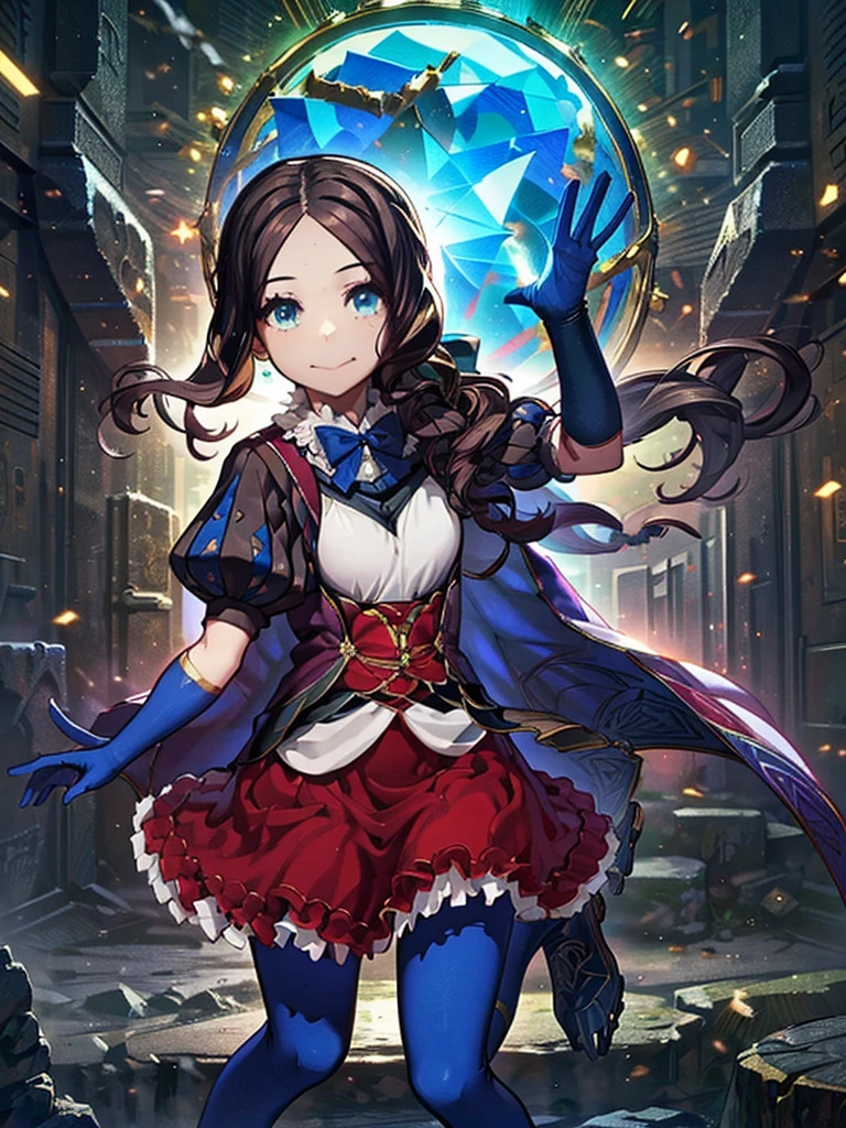 davinci, ponytail, hair bow, parted bangs, small breasts, blue bow, cape, puffy short sleeves, blue gloves, red skirt, blue pantyhose, Leonardo da Vinci, 1 girl,Highest quality,((Highest quality)),((Tabletop)),((Perfect Face)),1 girl,smile,beauty,((Holographic)),Shooting stars flow,Fantastic,Cinematic,Like the cover of a movie ,hands on knees,Highest quality,((Highest quality)),((Tabletop)),((Perfect Face)),1 girl,Cold gaze,Long eyelashes, beauty,((Holographic)),(masterpiece:1.2, Highest quality),(Desolate desert background) , (Beautiful attention to detail: 1.2), (Very detailedな CG Unity 8K 壁紙, masterpiece, Highest quality, Very detailed, Best Shadow), (Detailed Background), Chaotic abstract background, Vector Trace, Gradient blending and artistic elements add depth to your work. The overall atmosphere is creepy and nightmarish....., With a unique artistic touch. This movie is、The dark and crazy world of horror movies depicted in HD., Evoke visual stimuli and aesthetic sense