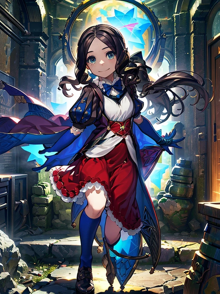 davinci, ponytail, hair bow, parted bangs, small breasts, blue bow, cape, puffy short sleeves, blue gloves, red skirt, blue pantyhose, Leonardo da Vinci, 1 girl,Highest quality,((Highest quality)),((Tabletop)),((Perfect Face)),1 girl,smile,beauty,((Holographic)),Shooting stars flow,Fantastic,Cinematic,Like the cover of a movie ,hands on knees,Highest quality,((Highest quality)),((Tabletop)),((Perfect Face)),1 girl,Cold gaze,Long eyelashes, beauty,((Holographic)),(masterpiece:1.2, Highest quality),(Desolate desert background) , (Beautiful attention to detail: 1.2), (Very detailedな CG Unity 8K 壁紙, masterpiece, Highest quality, Very detailed, Best Shadow), (Detailed Background), Chaotic abstract background, Vector Trace, Gradient blending and artistic elements add depth to your work. The overall atmosphere is creepy and nightmarish....., With a unique artistic touch. This movie is、The dark and crazy world of horror movies depicted in HD., Evoke visual stimuli and aesthetic sense