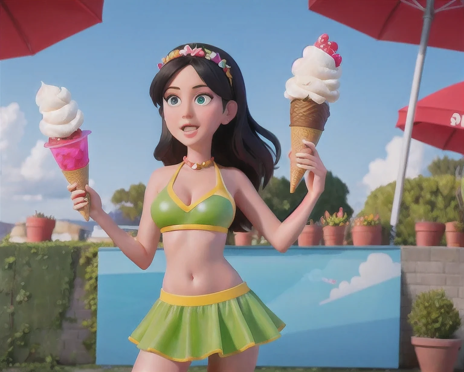 girl in a bikini eating an ice cream cone, eating ice cream, in a bikini, angela white, giorgia meloni, katy perry, in bikini, eating ice - cream, wearing spandex bikini, ice cream on the side, bikini, ice cream, wearing a bikini, candid photo of dirty, shiny plastic bikini, candid shot, cone, 1 girl, solo，in a green dress standing by a wall,portrait of female idol