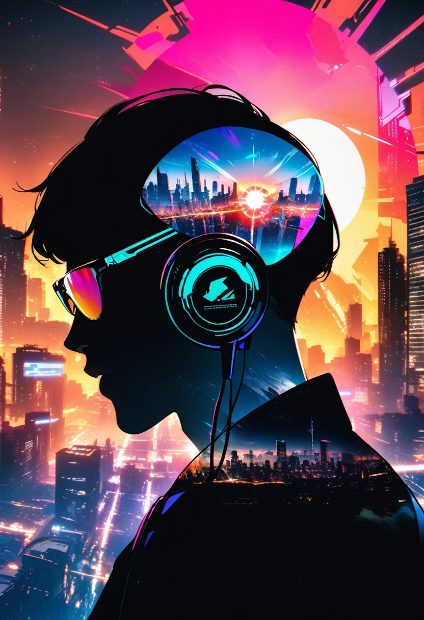 silhouette of a man in profile. short hair, (((sun glasses:1.3))), (headphones:1.3), Inside the silhouette you can see the with a deep cyberpunk, city, supernova explosion, cyberpunk night city back ground（masterpiece), ((double exposure)), proportional.,DOUBLE EXPOSURE