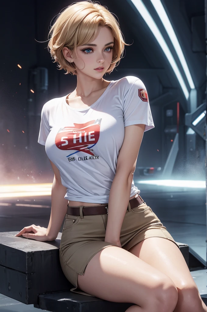 best quality, Ultra-high resolution, (Reality: 1.4), beautiful Eyes, Super beautiful, Very short hair, beautiful, Honey, Big chest T-shirt, beautiful Soldier, Attract the audience's eyes, lover's perspective, Invitation to express, Sexy smile, Perfect style, Perfect balance, Delicate skin, Naughty eyes, Visible chest