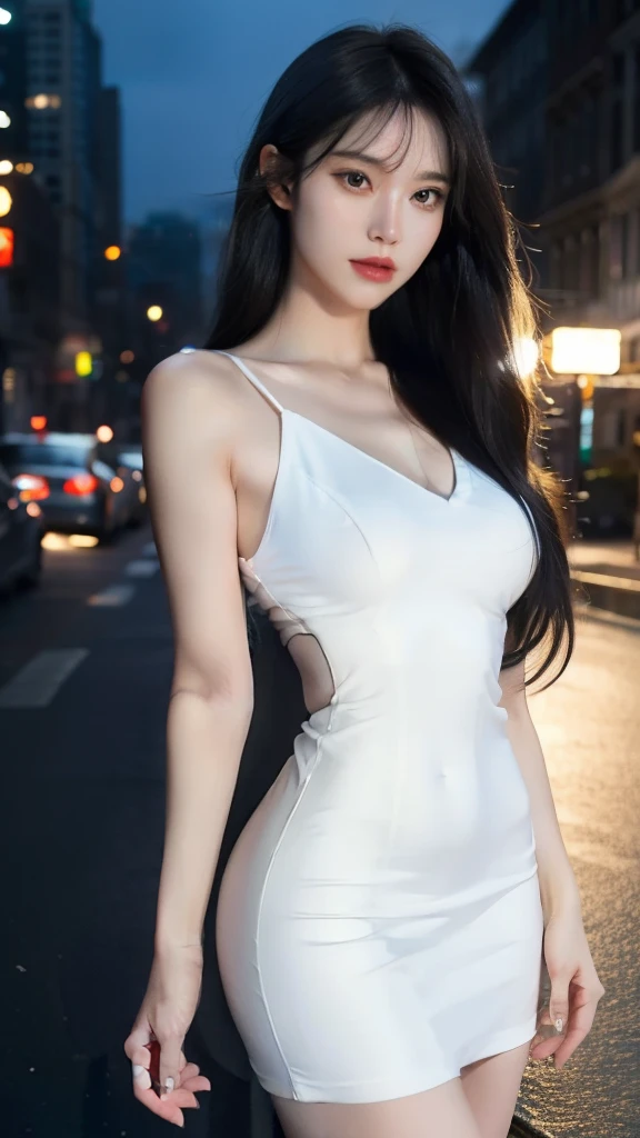 "Enter a world of unparalleled beauty and realism, as the heart of this image is brought to life in stunning 8K quality. The girl's shapely figure is emphasized by her flowing black hair falling in soft waves across her bright white skin. The dress shimmers in the outdoor night scene. Every detail, from her beautiful eyes to her double eyelids, is accurately captured. and style."