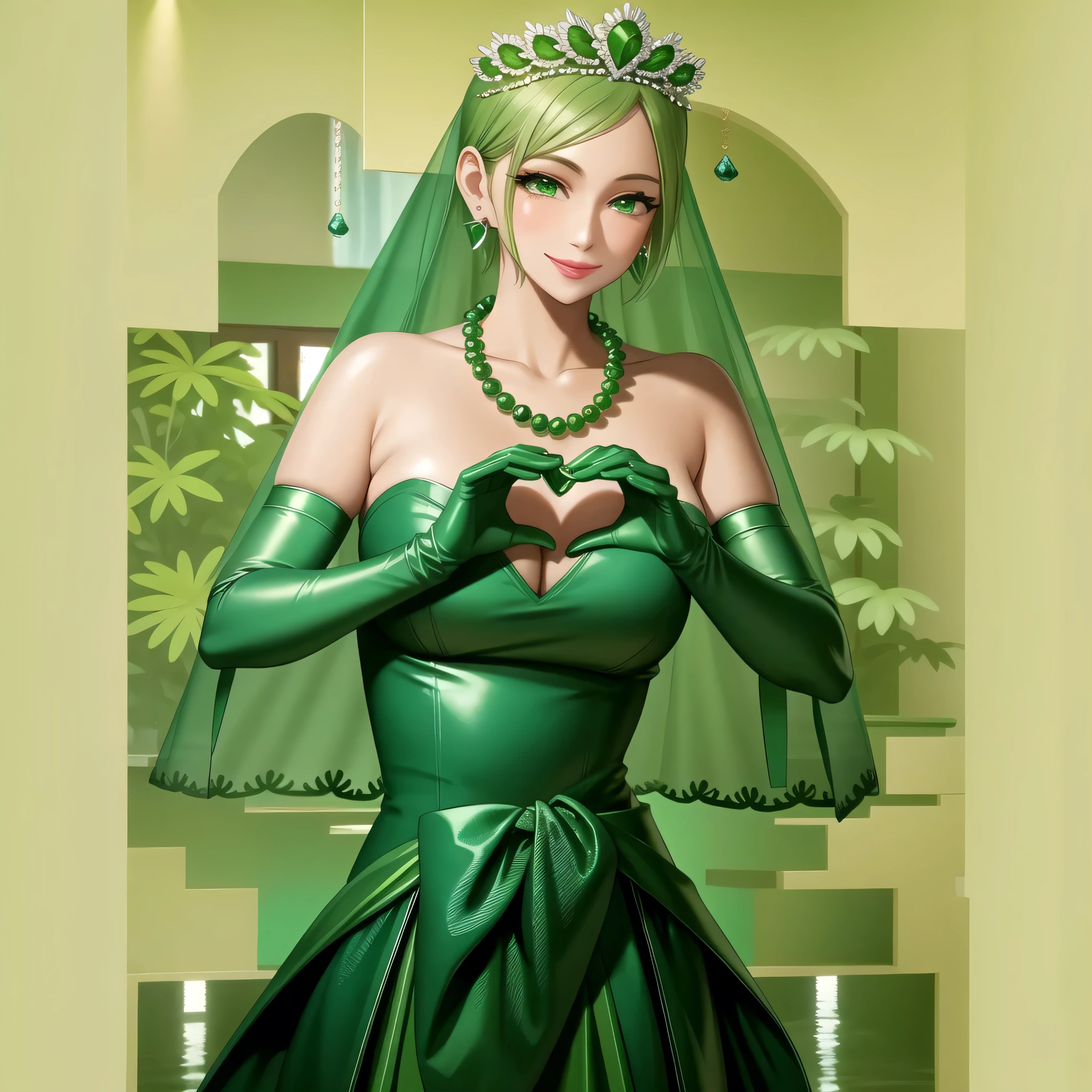 Emerald tiara, Green Pearl Necklace, Boyish very short green hair, Green Lips, Smiling Japanese woman, Very short hair, Busty beautiful lady, Green Eyes, Green satin long gloves, Green Eyes, Emerald Earrings, Green veil, Heart with both hands, Green Hair, Beautiful Japanese Woman, Heart shaped hands:1.3, green lip gloss,