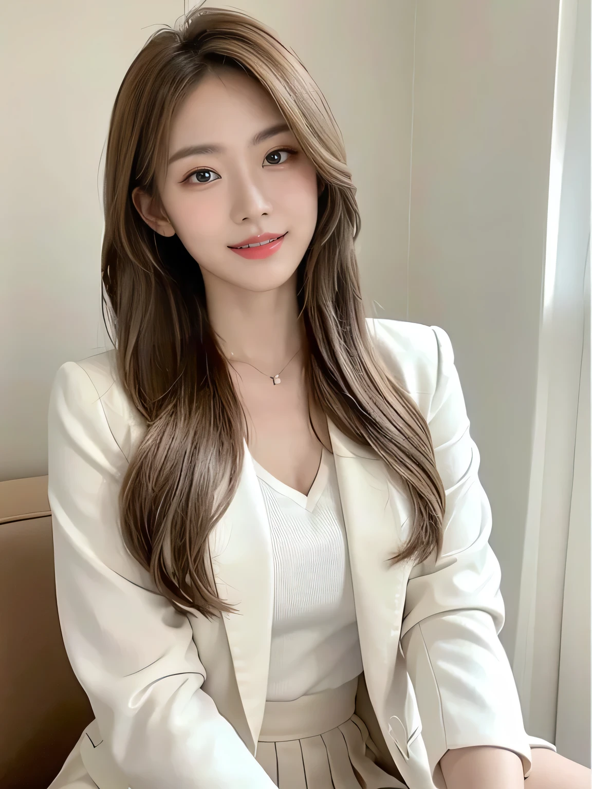 (8,000; Best Quality: 1.2), (Realistic, Realistic: 1.2), Lovely, Solo, Sky is Beautiful and Clear, Night, Moisture, Watching the Audience, (Sit: 1.5) Date, Mirai, (Nose Brush), (Smile: 1.15), Delicate eye (Deep Blonde: 1), Floating Hair Nova FrogStyle, White Suit Jacket, Burton T-shirt, Beige Pleats Skirt, Makeup, Lover's Smile, 35 years old, Beautiful (8,000, Yes, RAW Photo: 1.2, Random body orientation,
