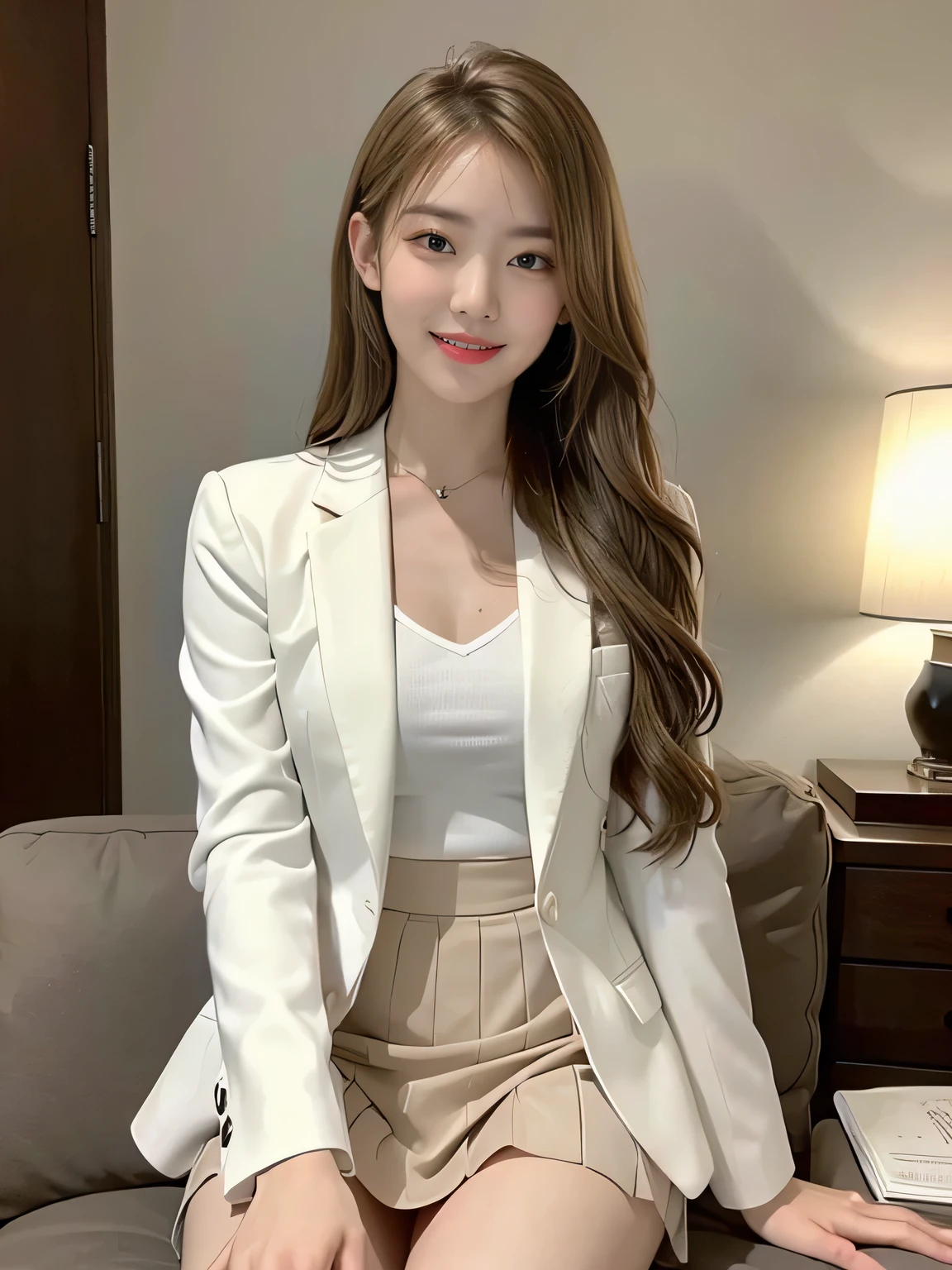 (8,000; Best Quality: 1.2), (Realistic, Realistic: 1.2), Lovely, Solo, Sky is Beautiful and Clear, Night, Moisture, Watching the Audience, (Sit: 1.5) Date, Mirai, (Nose Brush), (Smile: 1.15), Delicate eye (Deep Blonde: 1), Floating Hair Nova FrogStyle, White Suit Jacket, Burton T-shirt, Beige Pleats Skirt, Makeup, Lover's Smile, 35 years old, Beautiful (8,000, Yes, RAW Photo: 1.2, Random body orientation,